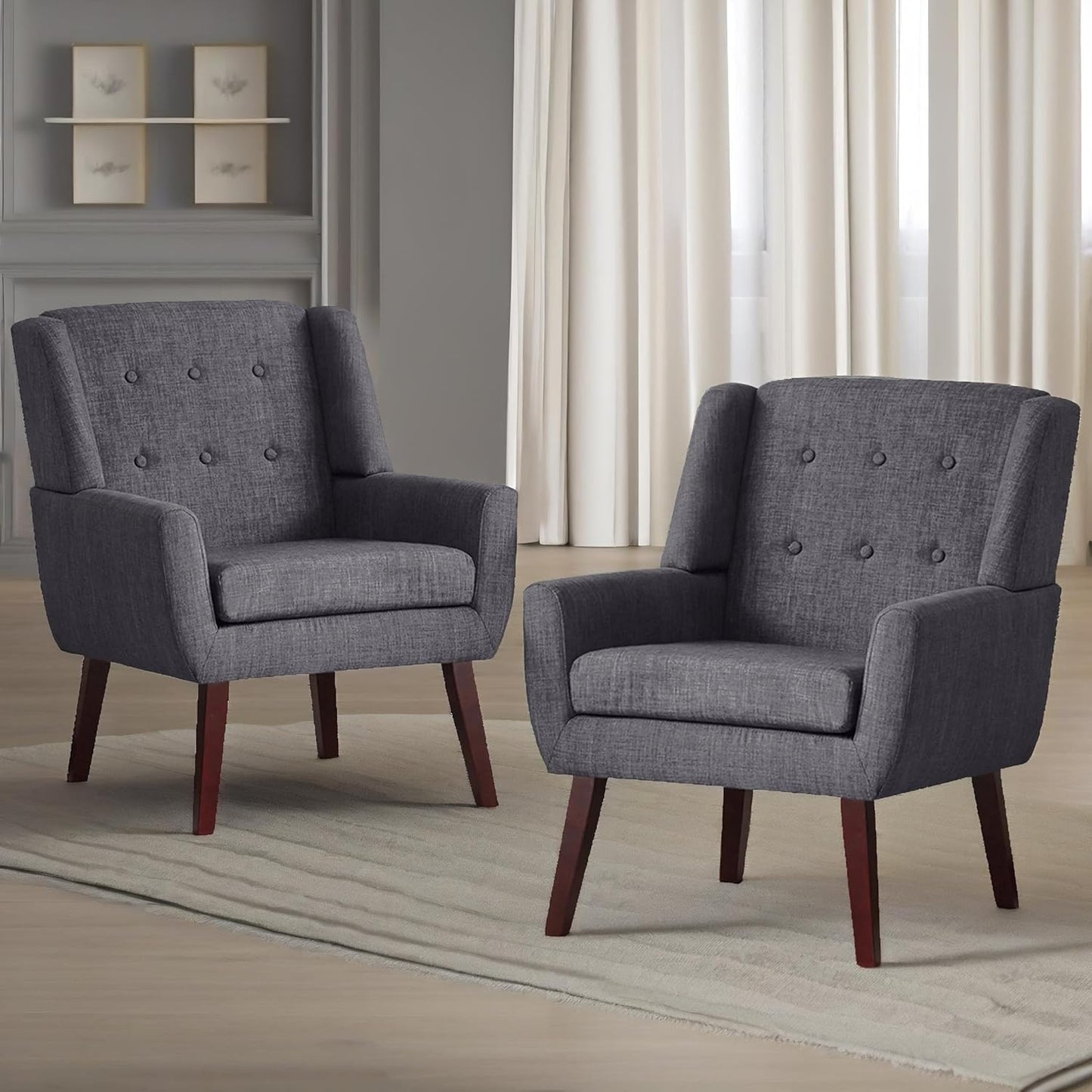 HUIMO Button-Tufted Accent Chairs Set of 2,Upholstered Reading Living Room Chair,Mid Century Modern Chair with Linen Fabric, Club Chair,Comfy Arm Chairs for Living Room,Bedroom,Grey