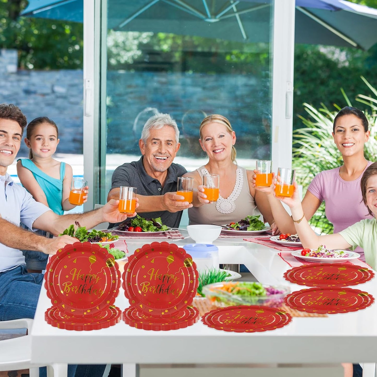 50PCS Happy Birthday Paper Plates - 7 Inch Birthday's Cake Plates Scalloped Dessert Plate Disposable Party Tableware Decorations for Birthday's Party Supplies (Red Birthday, 7 Inch)