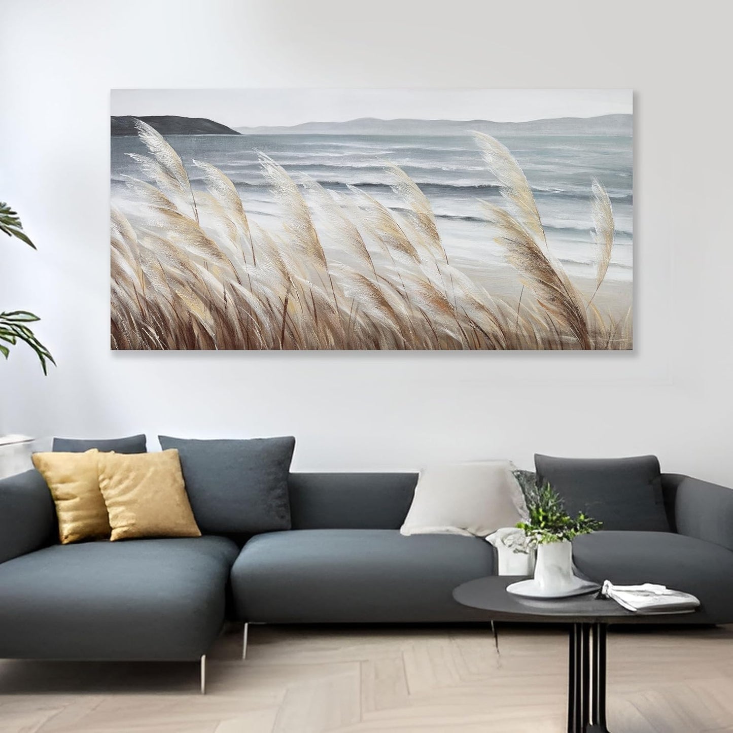 Plant Wall Art Nature Wall Art Reed Seascape Canvas Painting Wall Decor Framed Artwork for Bedroom Living Room Decoration Home Kitchen Office 20"x40"