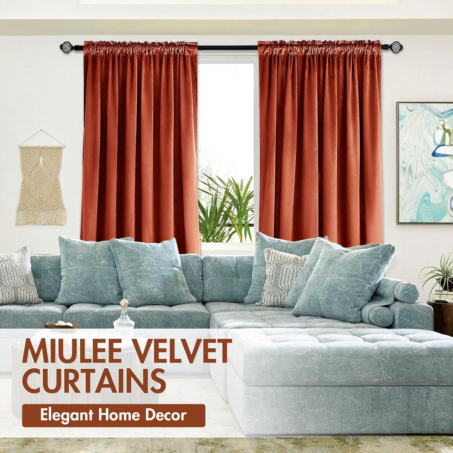 MIULEE Burnt Orange Velvet Curtains Thermal Insulated Blackout Curtain Fall Drapes for Bedroom Living Room Darkening 84 Inches Long Rust Terracotta Panels Rod Pocket Set of 2