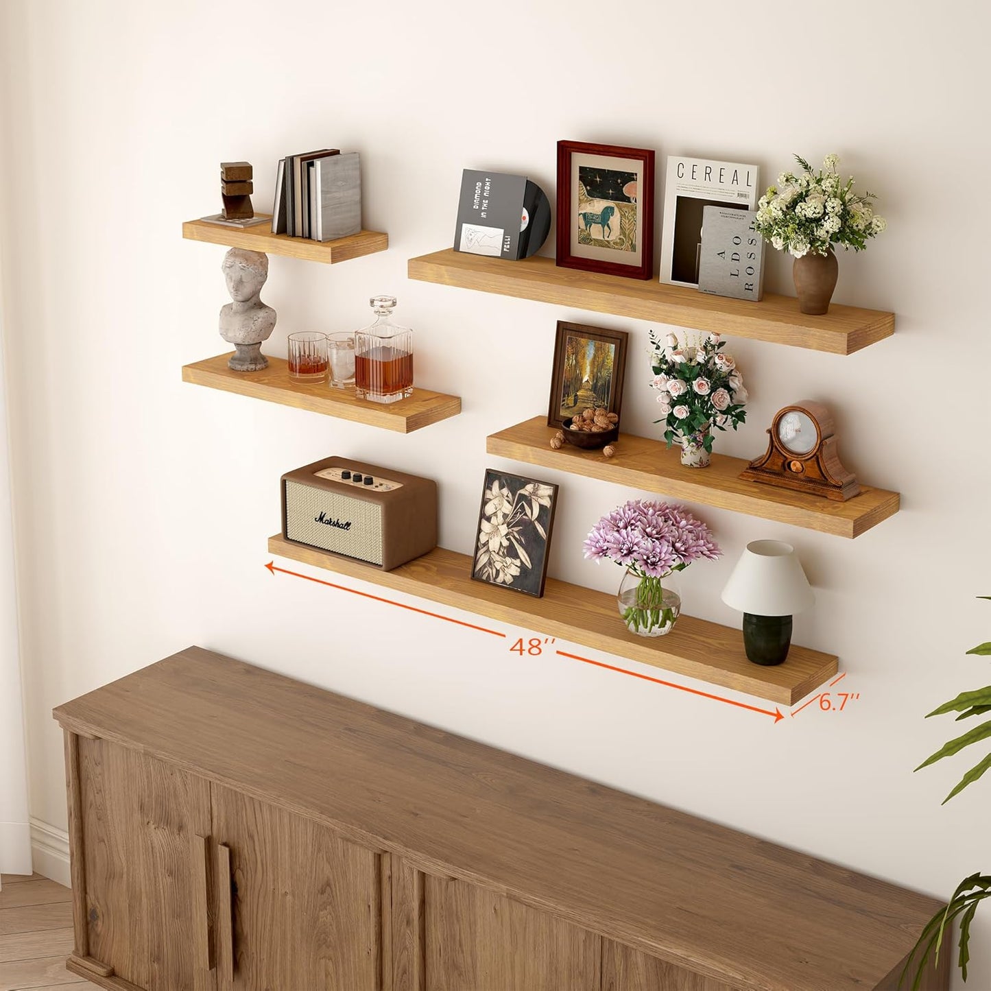 BGMG Wood Floating Shelves 48 inch Set of 2, Rustic Wooden Wall Mount Shelves for Living Room Bedroom Kitchen Farmhouse-48x6.7x1.25 inch- Gold Oak