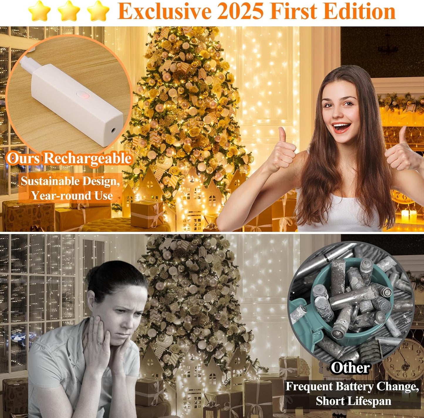 Lakumu 132FT(33 * 4) Fairy Lights Battery Operated, Rechargeable String Lights with Timer, Mini Twinkle Lights for Bedroom, Christmas Decorations, Wedding, Vine, Centerpiece Table Decor Warm White