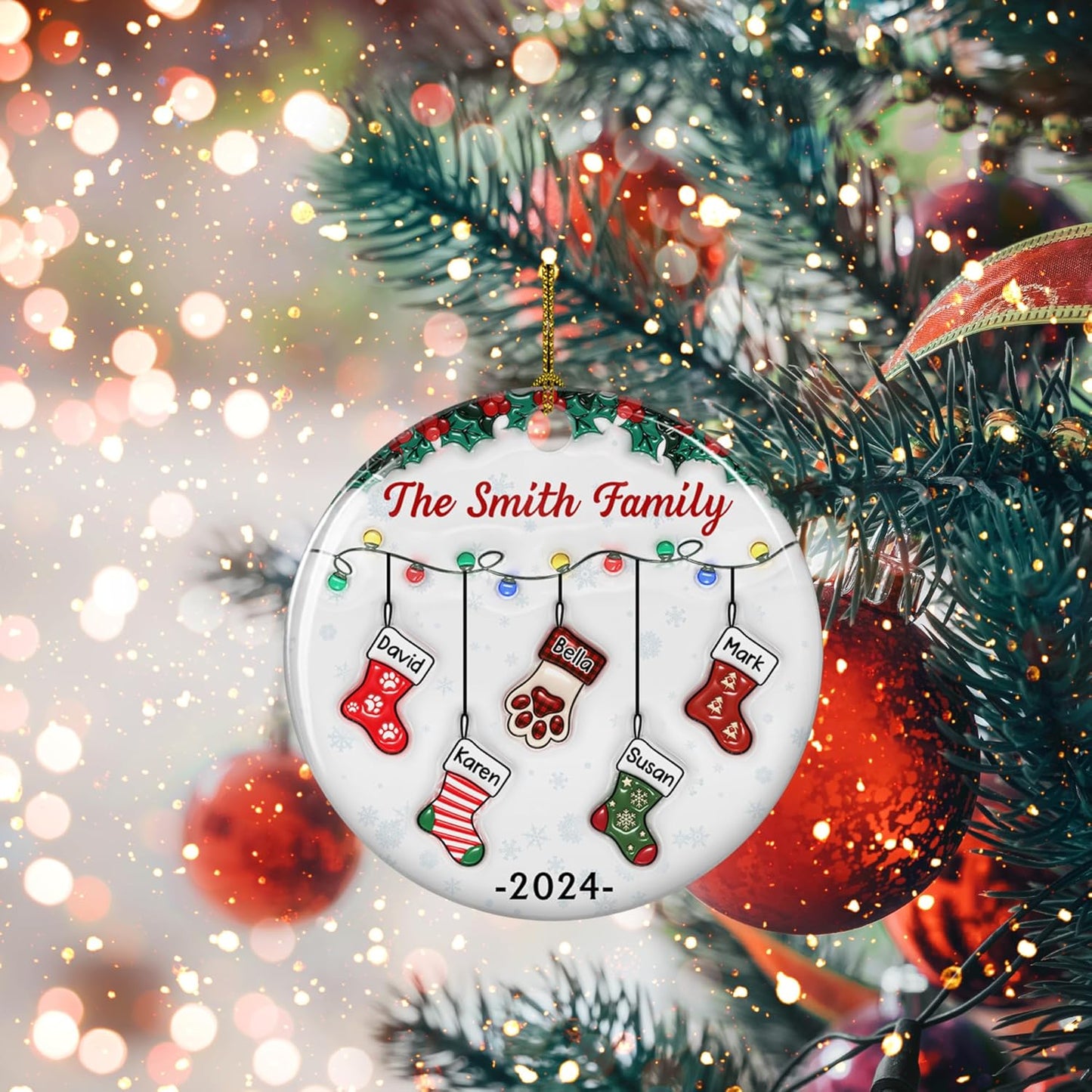 Stocking Personalized Family Christmas Ceramic Ornament 2025-3D Inflated Effect Custom Name Hanging Stock up to 10 Members, First Xmas as A Family Ornament Gifts (A04, 8 Names)