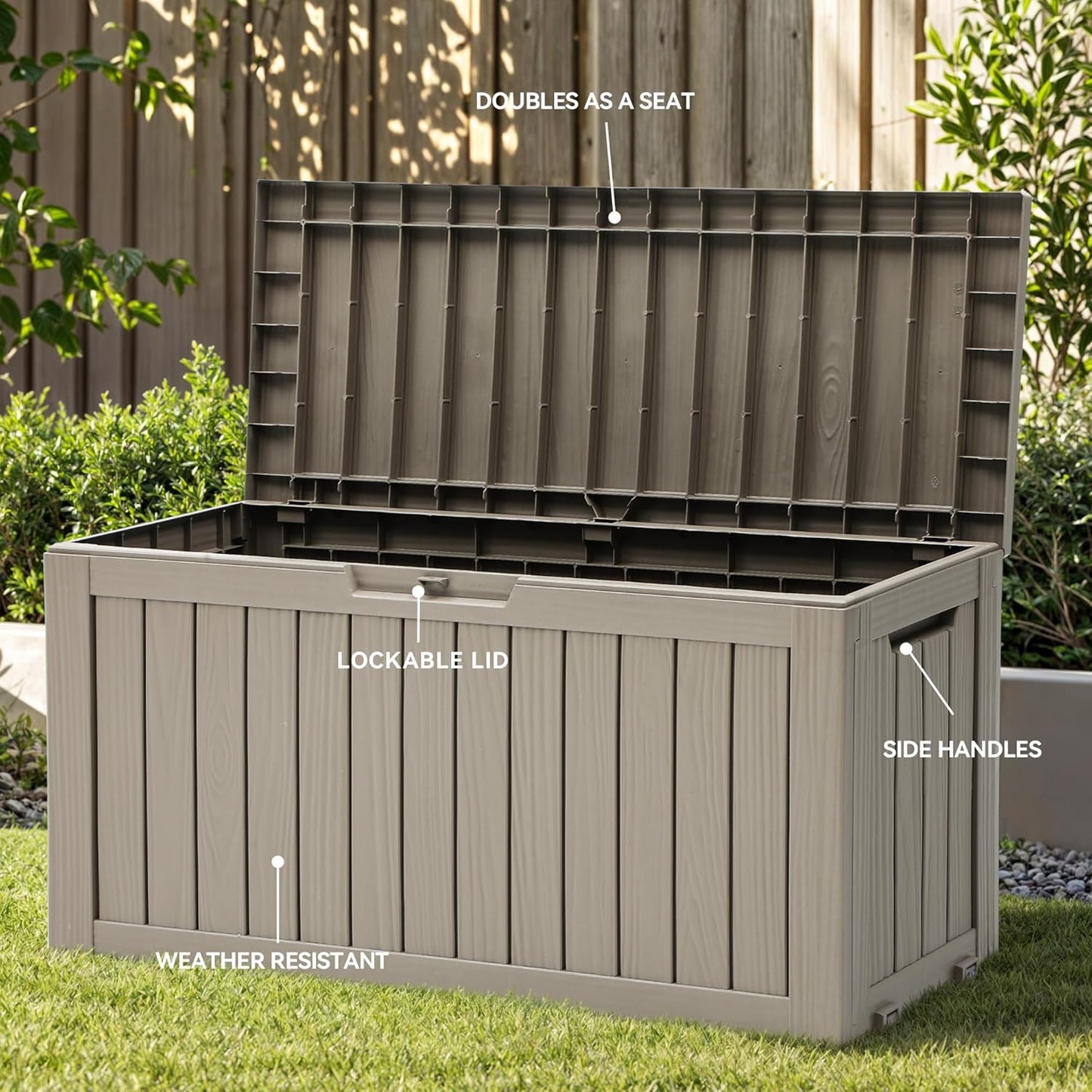 YITAHOME 72 Gallon Outdoor Resin Deck Box with Wheels, Pool Storage Box for Outdoor Cushions, Sports Equipment, Garden Tools, Light Brown