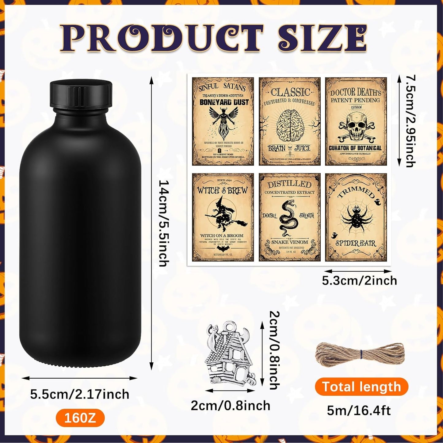 Uiifan 31 Pcs Halloween Potion Bottles Set Including Glass Apothecary Bottles with Cork Stickers and Pendants Halloween Decorations Indoor Party Supplies (Black,8.5 oz)