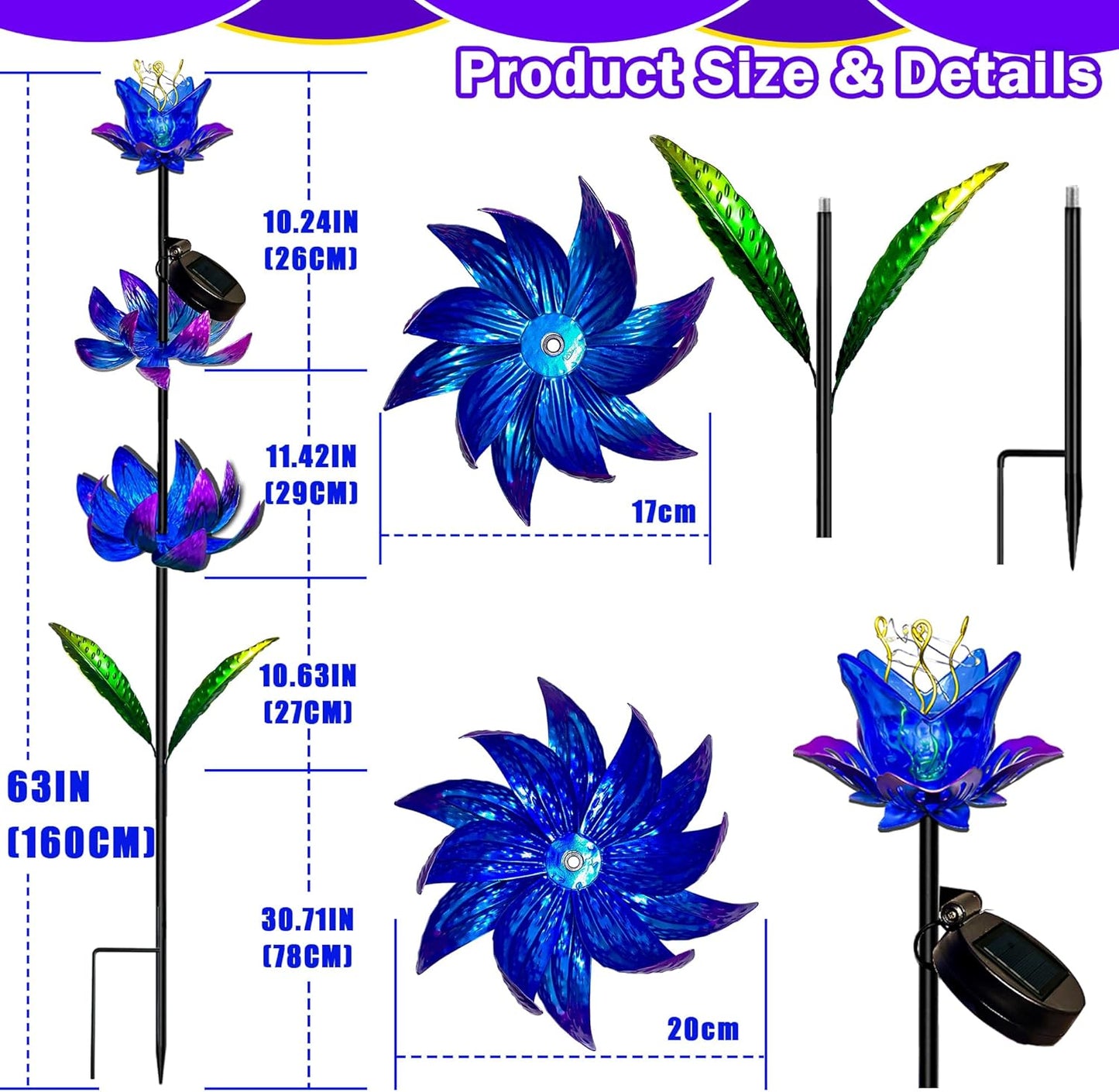 Solar Wind Spinner Outdoor, 63 Inch Metal Wind Spinner Yard Art with LED Lights, Three-Layer Flower Design Pinwheels for Yard and Garden Decor, Solar Garden Decor