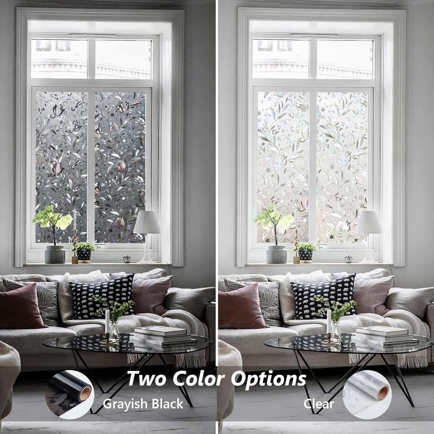 Kromapolis Window Film, Window Privacy Film Frosted, Vinyl Glass Covering, Stained Glass Decorative Film, Static Window Clings, Non-Adhesive (Grayish Black, 35.4 x 157.4 inch)