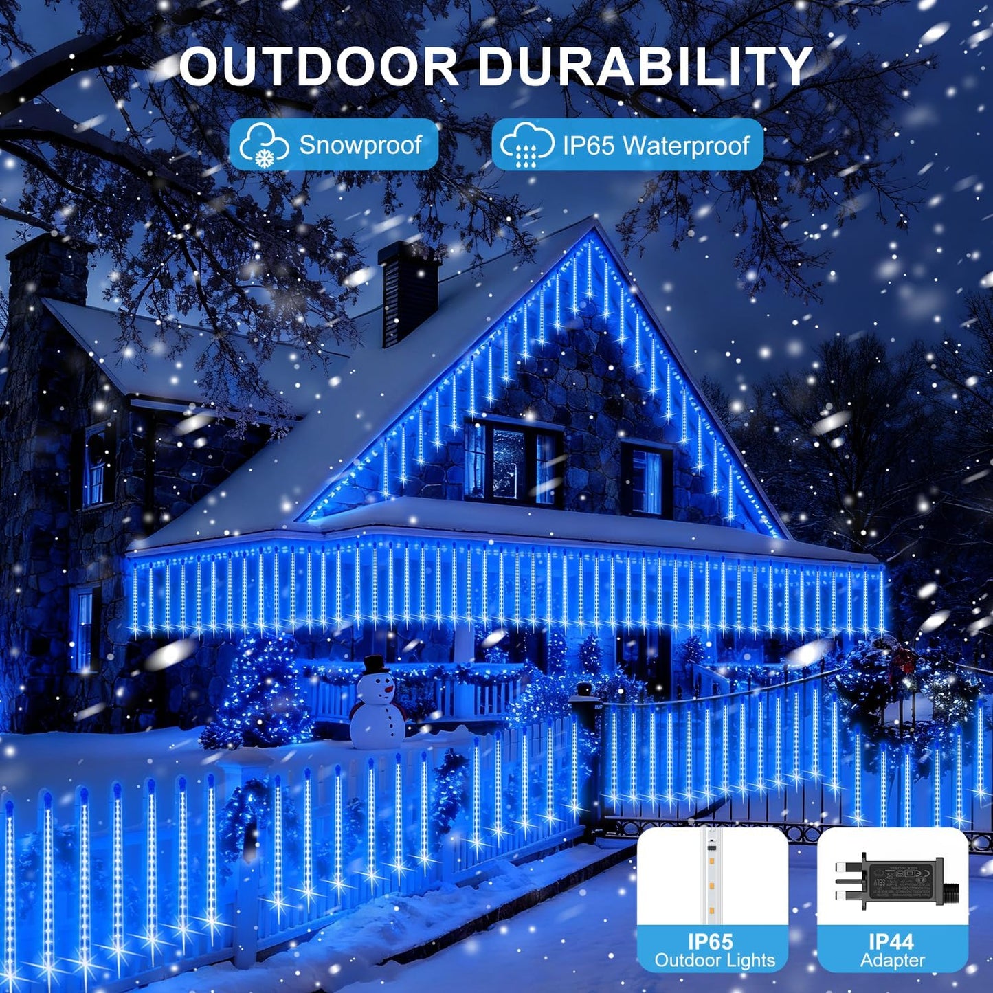 PEMOTech Christmas Lights Outdoor,16 Tubes 40cm 576 LED Meteor Shower Lights, Waterproof Christmas Decorations Icicle Lights for Xmas Tree Halloween Party, Outdoor Christmas Decorations,UL Plug,Blue