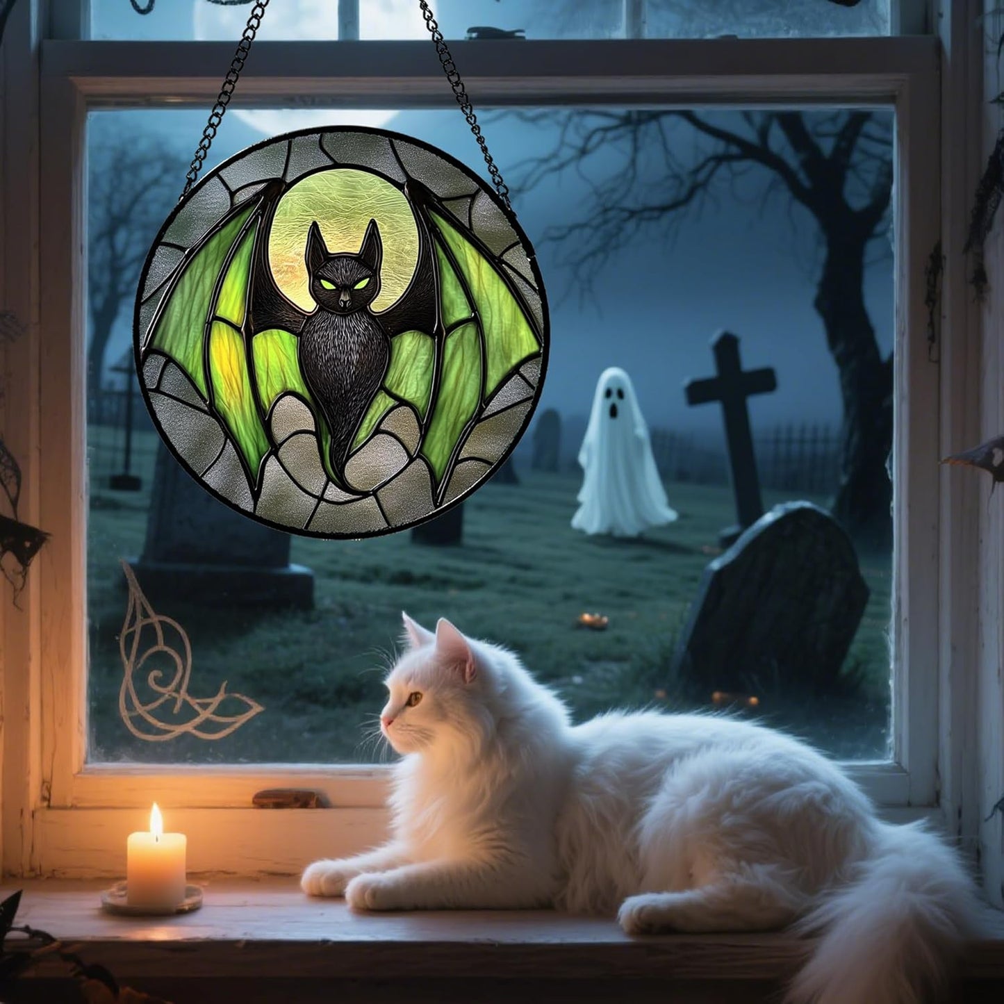 Stained Glass Window Hanging - Halloween Black Bat Green Wings Monster Suncatcher for Doors Garden Home Spooky Sun Catchers Gothic Decor Horror Gift for Women Men Friend Boy Girl 9.8 in
