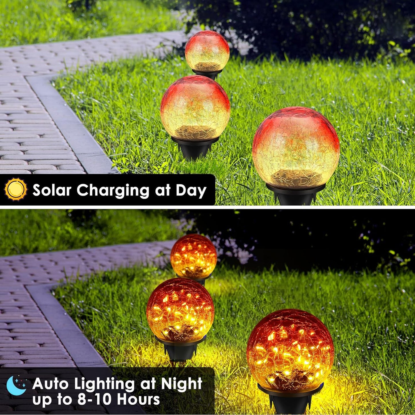 2 Pack 60 LED Garden Solar Outdoor Lights Decorative, Gradient red Cracked Glass Solar Globe Lights, Upgraded Waterproof Ball Lights for Yard Pathway Patio Lawn Christmas Outside Decor