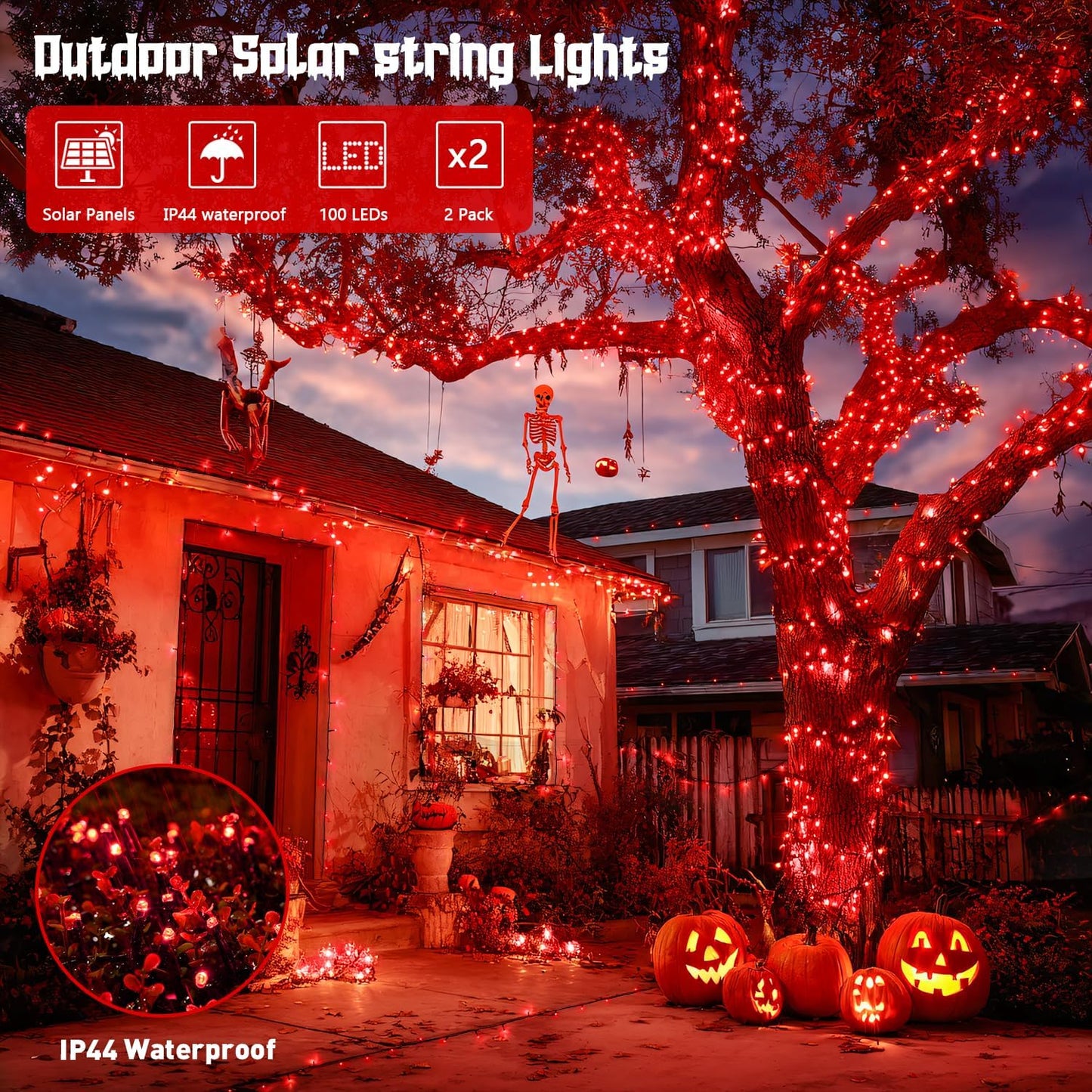 JMEXSUSS Total 200 LED Red Lights Halloween Outdoor, 2 Pack Solar Halloween Lights Outdoor Waterproof, 8 Modes Red Solar Light for Outside Christmas Tree Yard Garden Decor