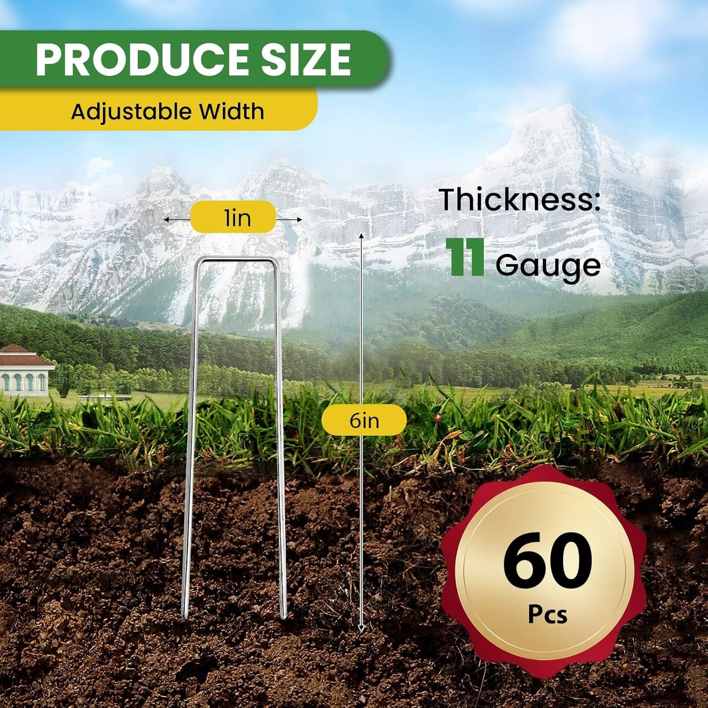 Landscape Staples 6 Inch 60 Pack, Garden Stakes Galvanized Garden Staples 11 Gauge, Plant Cover Stakes for Lawn Weed Barrier