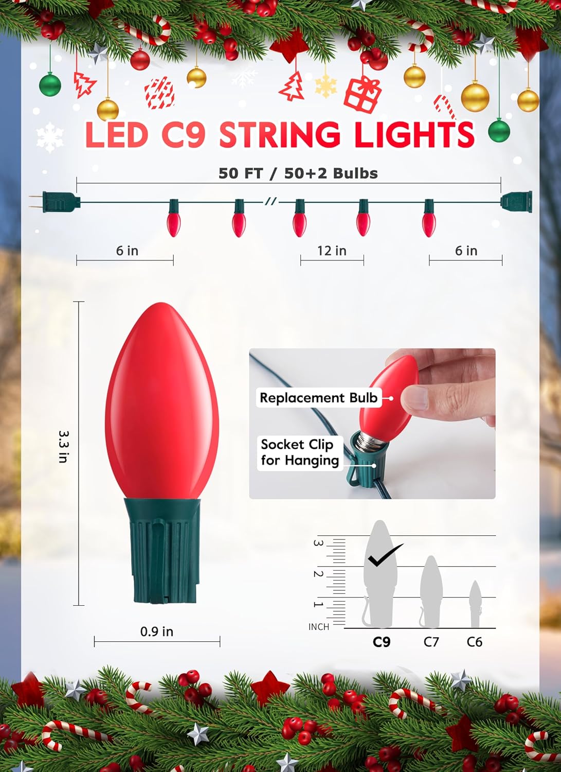Vintage C9 LED Christmas Lights Outdoor, 50 Feet C9 String Lights with 50 Shatterproof Matte Bulbs, Connectable Waterproof Lights for Holiday Party Roofline Backyard Garden Patio, Red