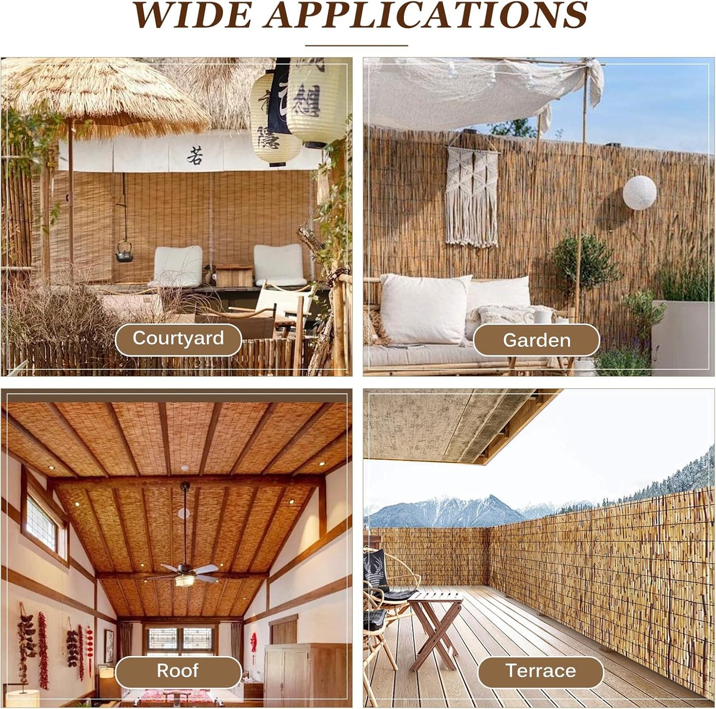 Natural Reed Fencing Rolls: Privacy Bamboo Fence 3/4/5/6ft High Roll Reed Screen, Decorative Bamboo Fencing for Outdoor Balcony Patio Garden Backyard,with Cable Zip Ties(Coffee, 5x16.4ft)