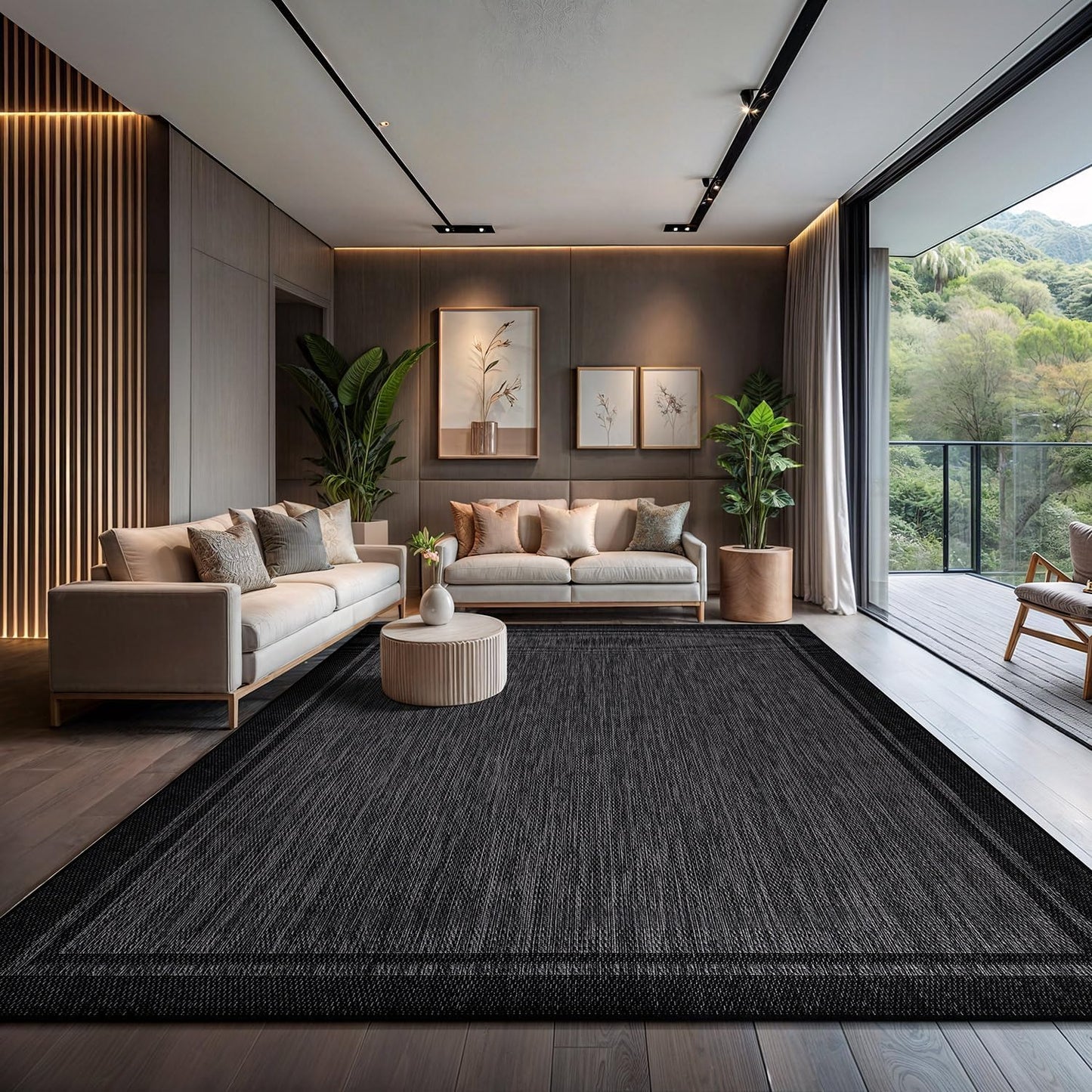 CAMILSON Indoor Outdoor Rug, 10x14 Bordered Dark Grey Black Modern Large Area Rugs for Indoor and Outdoor Patios, Kitchen and Hallway Mats, Washable Porch Deck Outside Carpet (Bordered Black, 10 x 14)