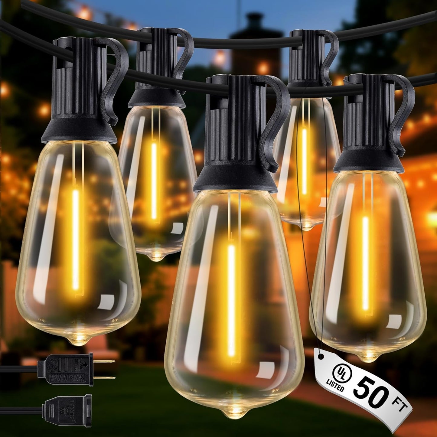 Outdoor String Lights - 50FT LED Patio Lights with 27 Shatterproof Waterproof Bulbs, Connectable Dimmable Edison IP65 ST38 Outside Lights for Garden, Balcony, Porch, Backyard, Deck, Home Decor