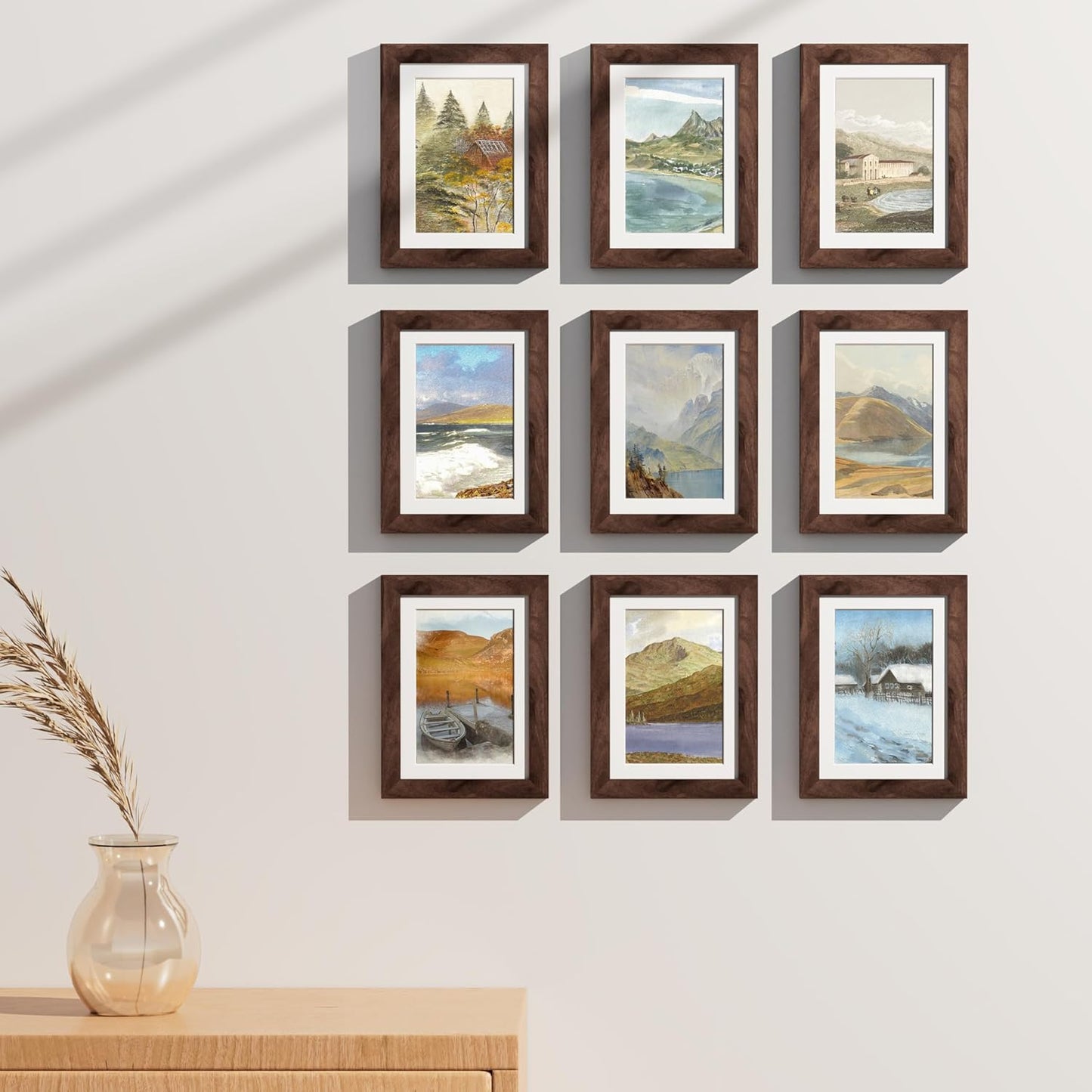 Vittanly 5x7 Picture Frames Set of 9, Shatter Resistant Plexiglass, Display 4x6 Pictures with Mat or 5x7 without Mat, Photo Frames for Wall or Tabletop, Engineered Wood, Walnut