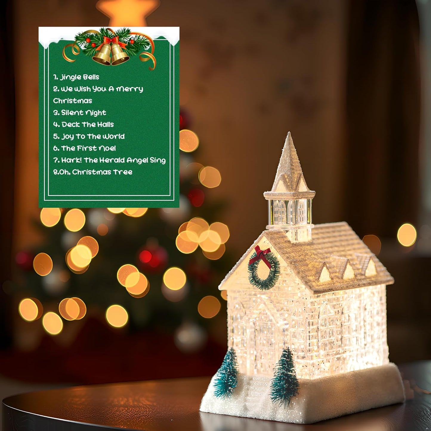 Christmas Lighted Church Water Lantern Snow Globe with Evergreens and Wreath， USB Lined/Battery Operated Lighted Lantern for Christmas Festival Decoration Gifts