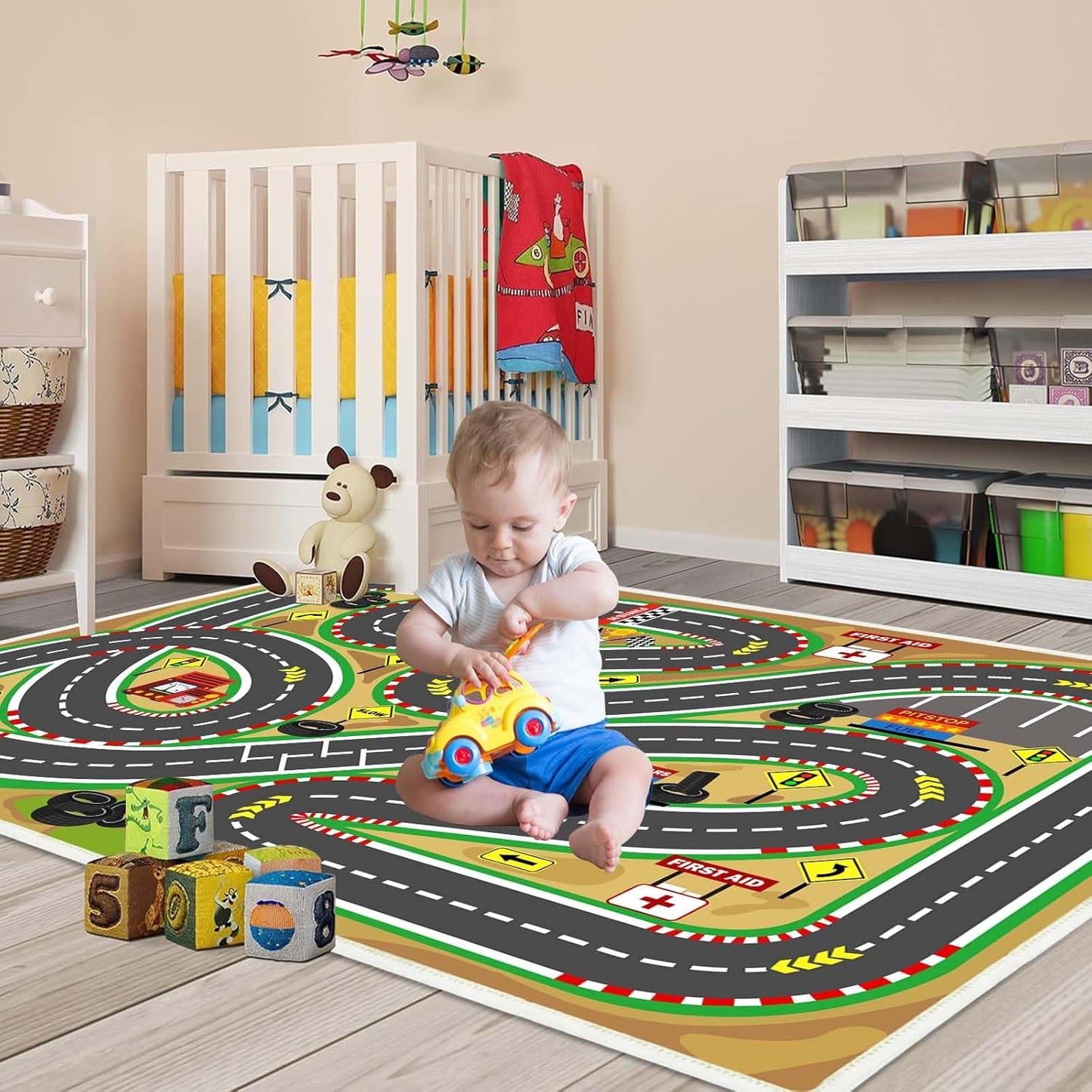 Kids Rug Play mat Playroom Rugs Car Rugs for Kids Toy Cars Race Track for Classroom Rug (Race-Brown, 5.2x7.9ft)