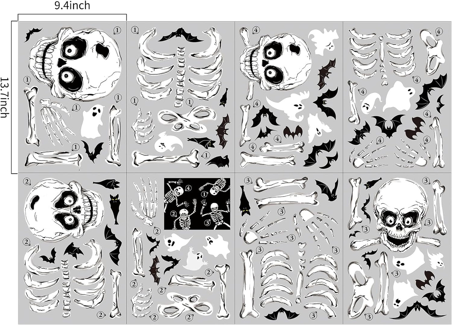 Halloween Window Skeleton Clings – 8 Sheets of Extra Large Cute and Scary Skeletons, Ghosts, and Bats for Home, School, Car Windows, Office, and Party Decor