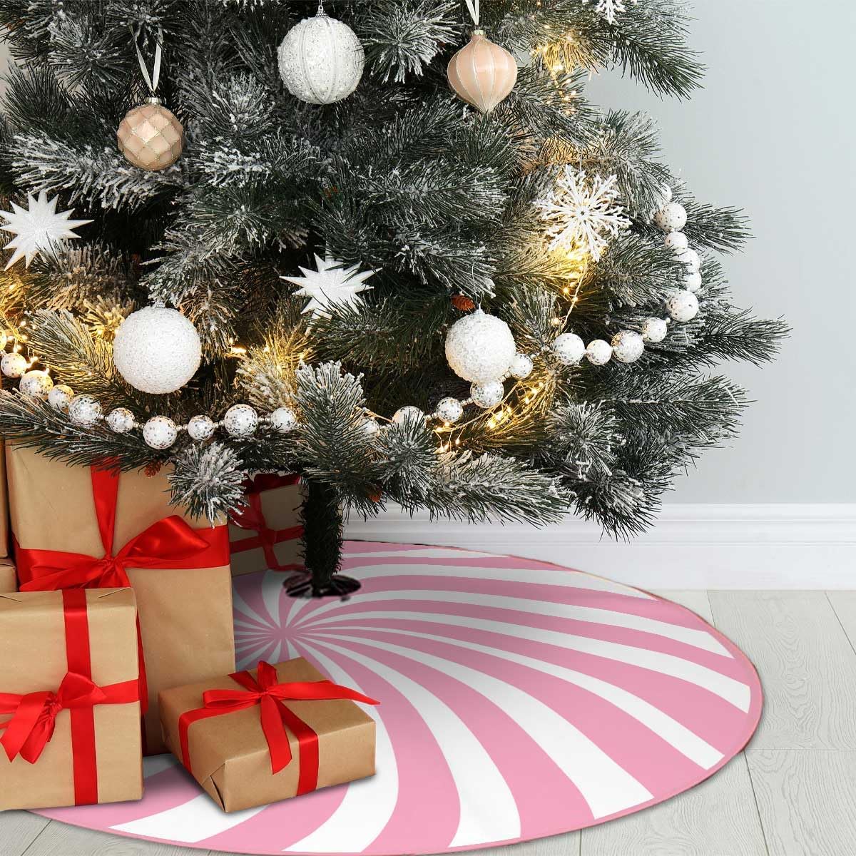 Swirl Stripe Christmas Tree Skirt 48 inches Sweet Candy Cane Pink Christmas Decorations Xmas Tree Mat Holiday Party Home Decorations (Pink, 48in)