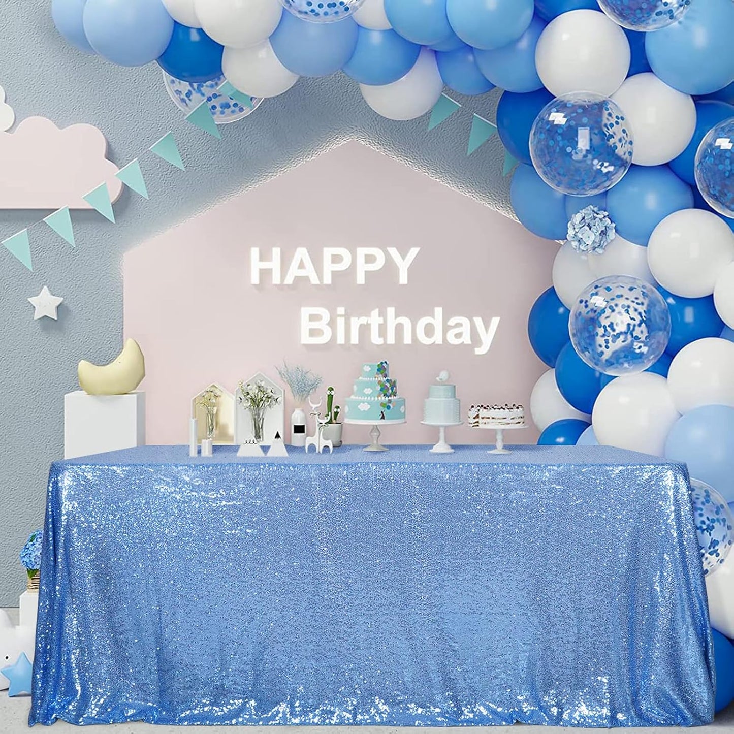 SquarePie Sequin Tablecloth 90 x 156 Inch Baby Blue Sparkly Table Linen for Wedding Party