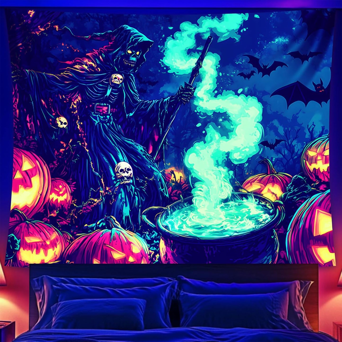 Halloween Tapestry, Blacklight Tapestry for Halloween Party Decor Hanging Tapestries Backdrop Wall Art Poster for Bedroom Dorm 79x59in