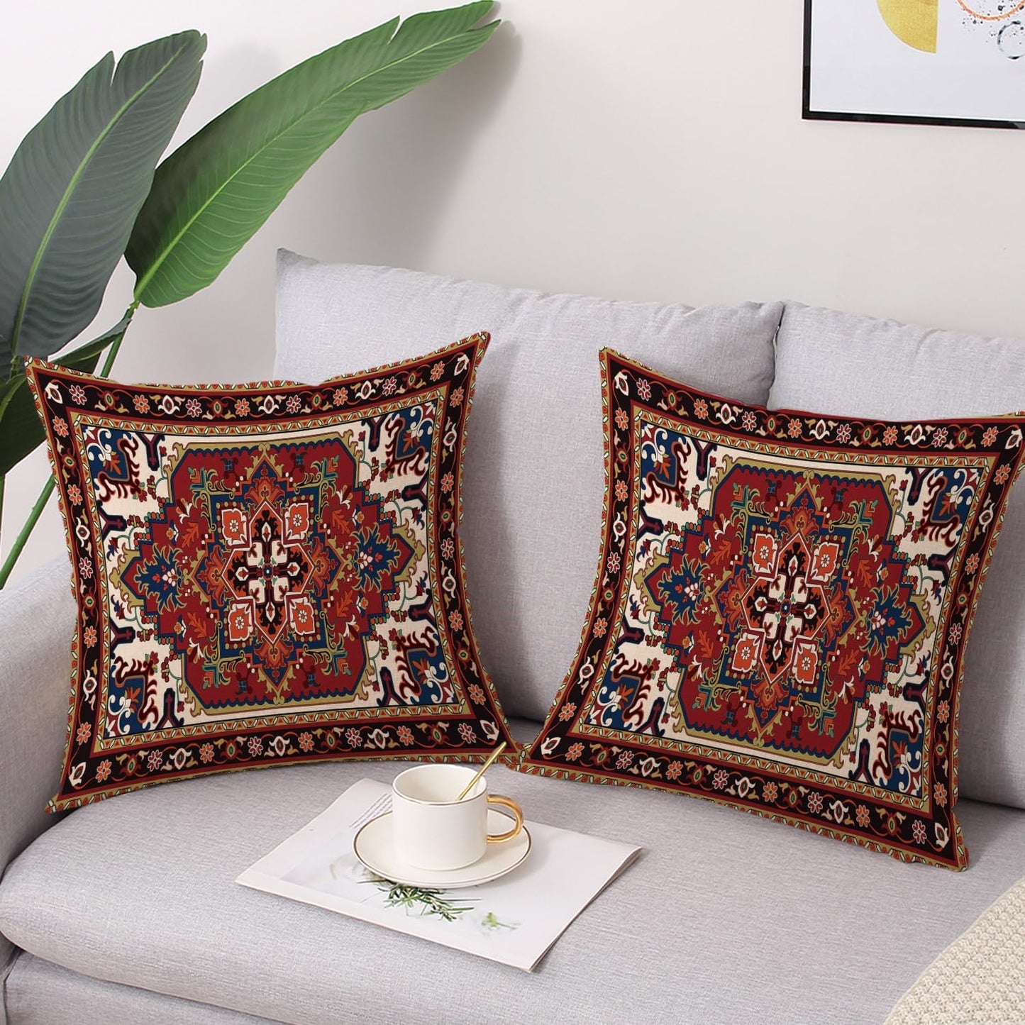 Outdoor Waterproof Pillow Covers 18x18 Inch Red Floral Bohemian Vintage Carpet Pattern Ethnic Design Decorative Farmhouse Cushion Cases for Sofa Couch Garden Balcony Set of 2