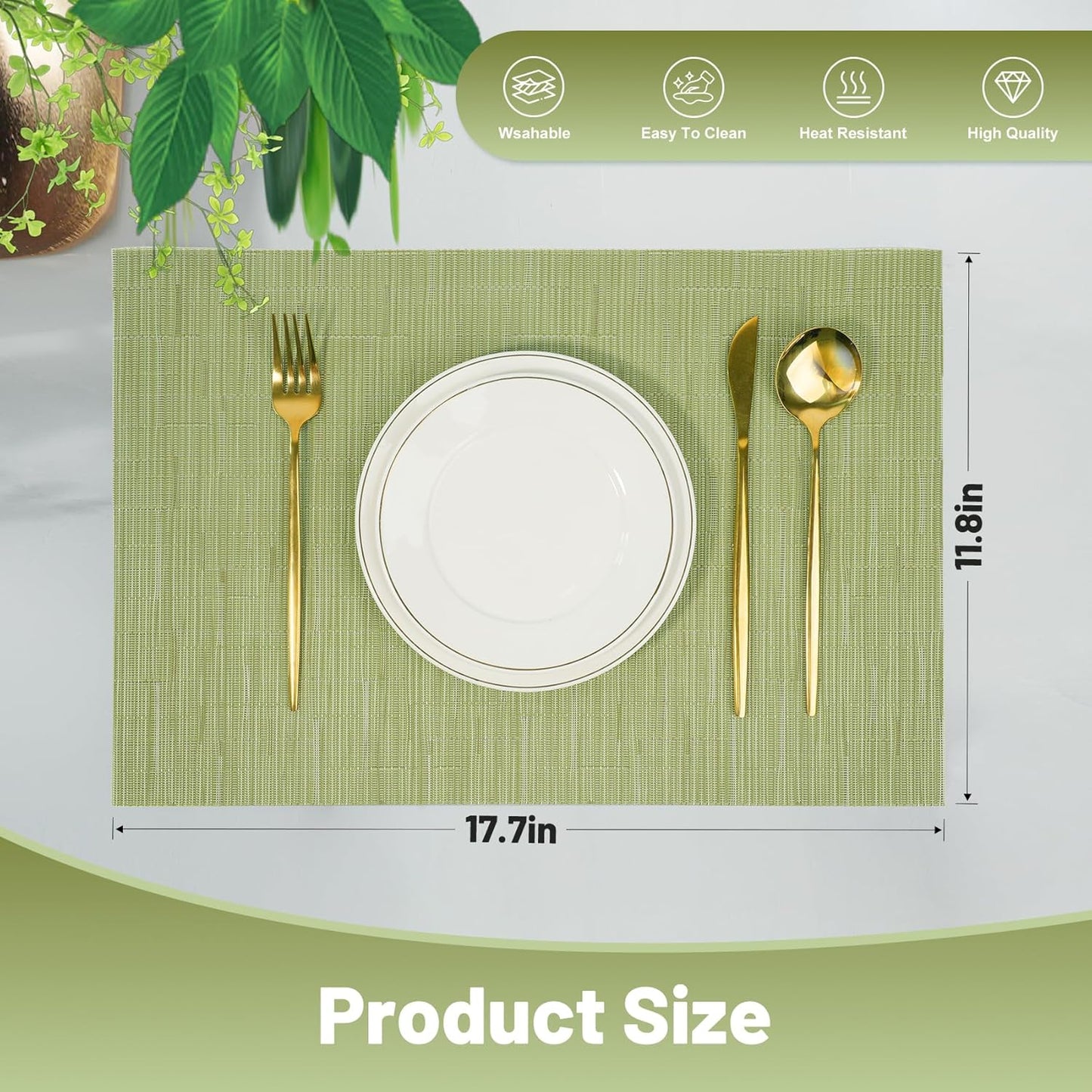 Placemats Set of 8，Non-Slip PVC Weave Table Mats Easy to Clean，Heat Resistant Place Mats for Kitchen Dining Table Decoration Indoor Outdoor，Pea Green