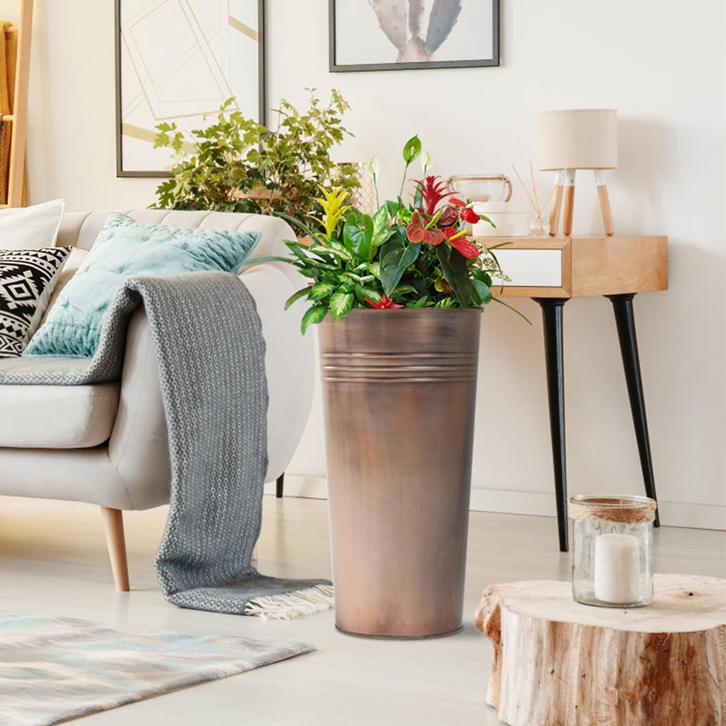 KOL 22''H 2-Pack Planter with Water Level Indicator - Galvanized Steel Pot - Self Watering Planters Flower Pot for Plant - Inner Pot Design - Round Metal Planter Box - Indoor Outdoor Planting - Bronze