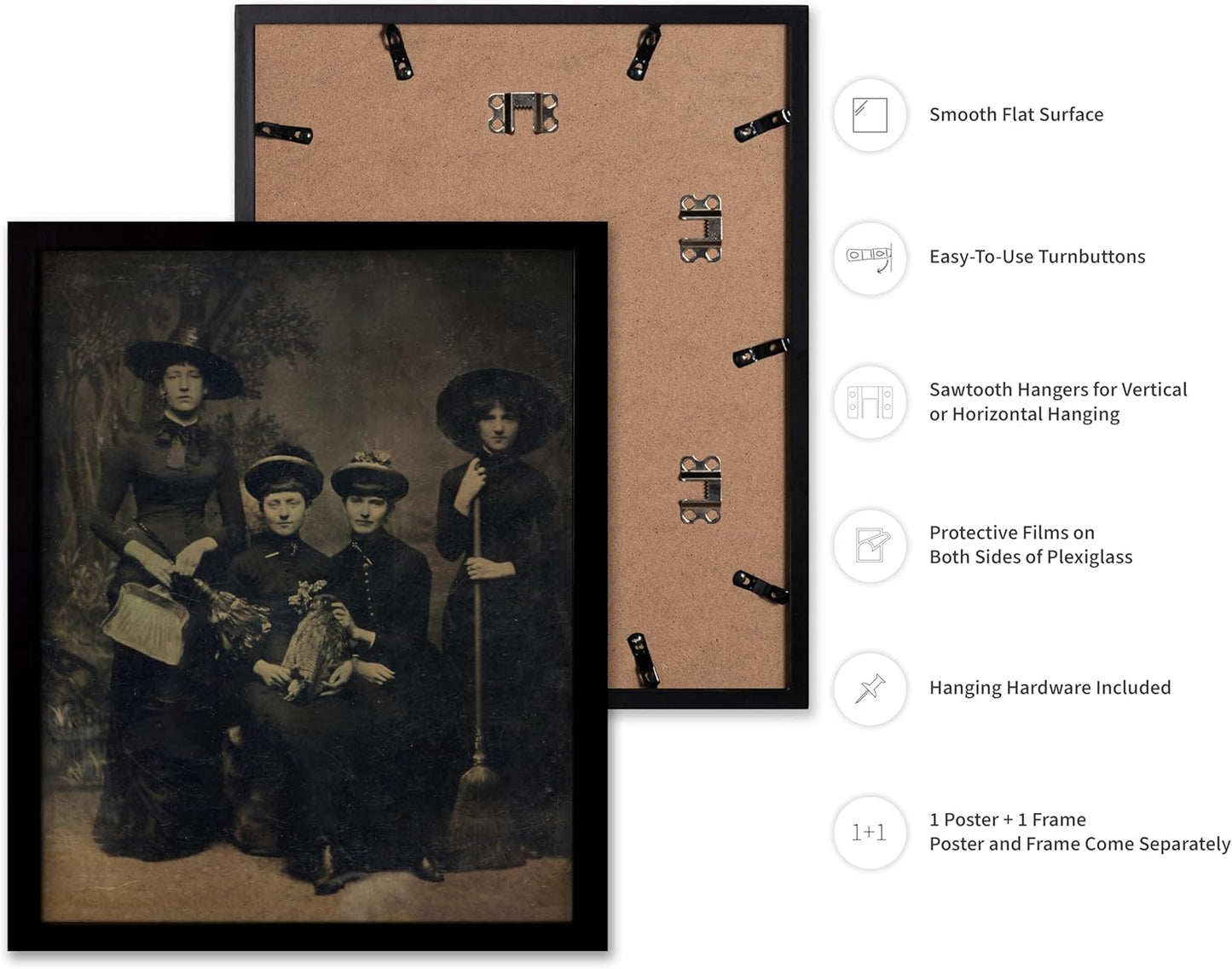 Poster Master Vintage Photograph Poster - Retro Halloween Print - Gift for Artist, Friend - Four Witches Wearing Robes, Sabbath, Coven, Sorcery - Wall Decor for Home, Office, 8x10 Black Framed