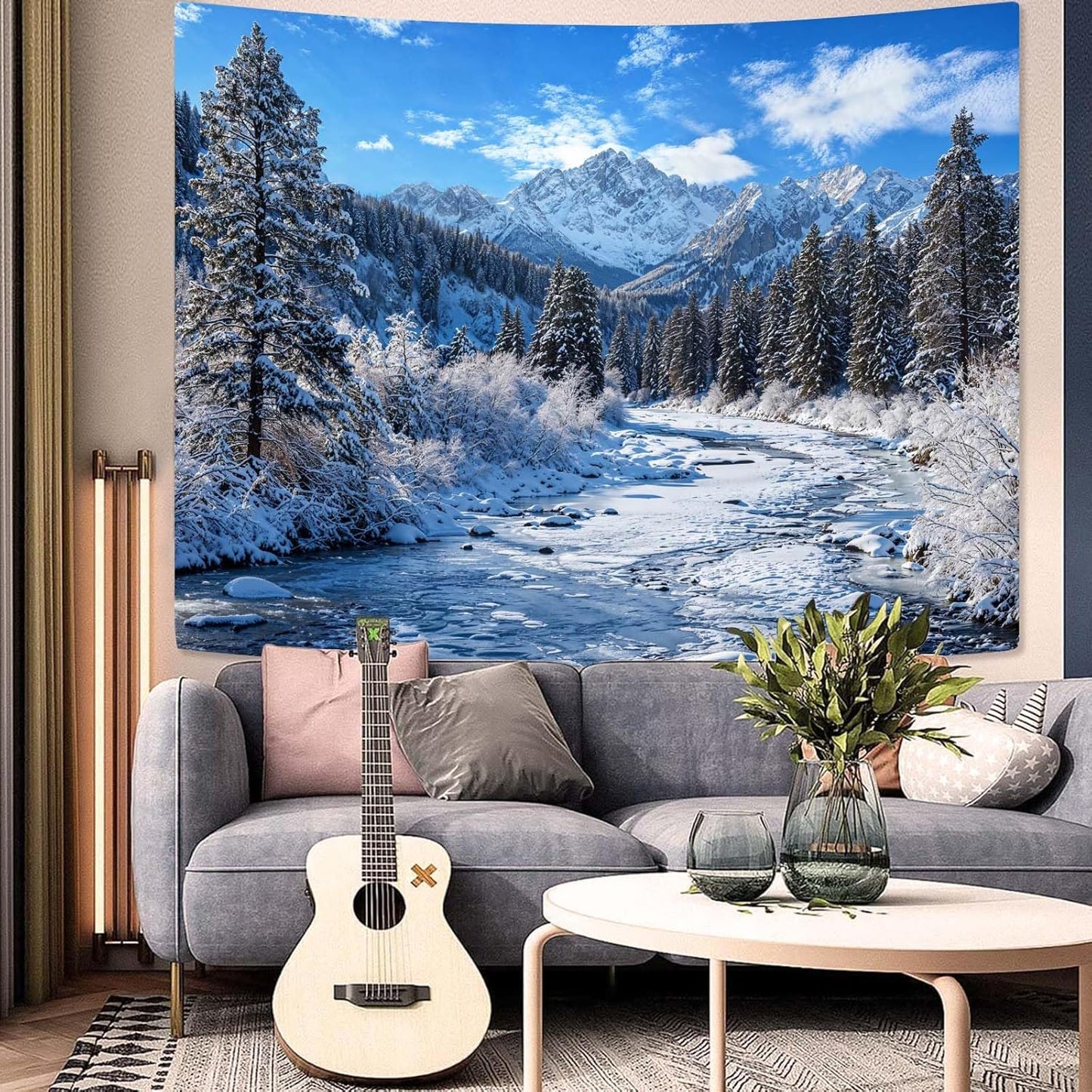 AMM Winter Forest Snow Mountain Tapestry Snowy Pine Tree Woodland Tapestry for Bedroom Aesthetic White Clouds Flowing River Landscape Tapestries Wall Hanging for Living Room Dorm Office 60 x 44 Inch