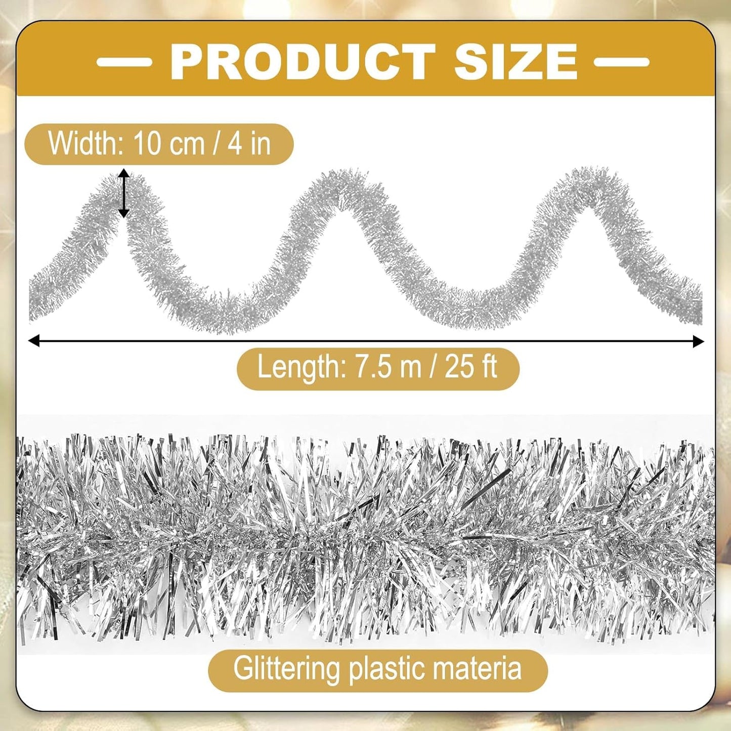 25 Feet Metallic Twist Tinsel Garland Wall Hanging Backdrop for Parade Floats, Christmas Eve, New Year, Valentine's Day Party Decorations (Silver, 4in x 25ft)