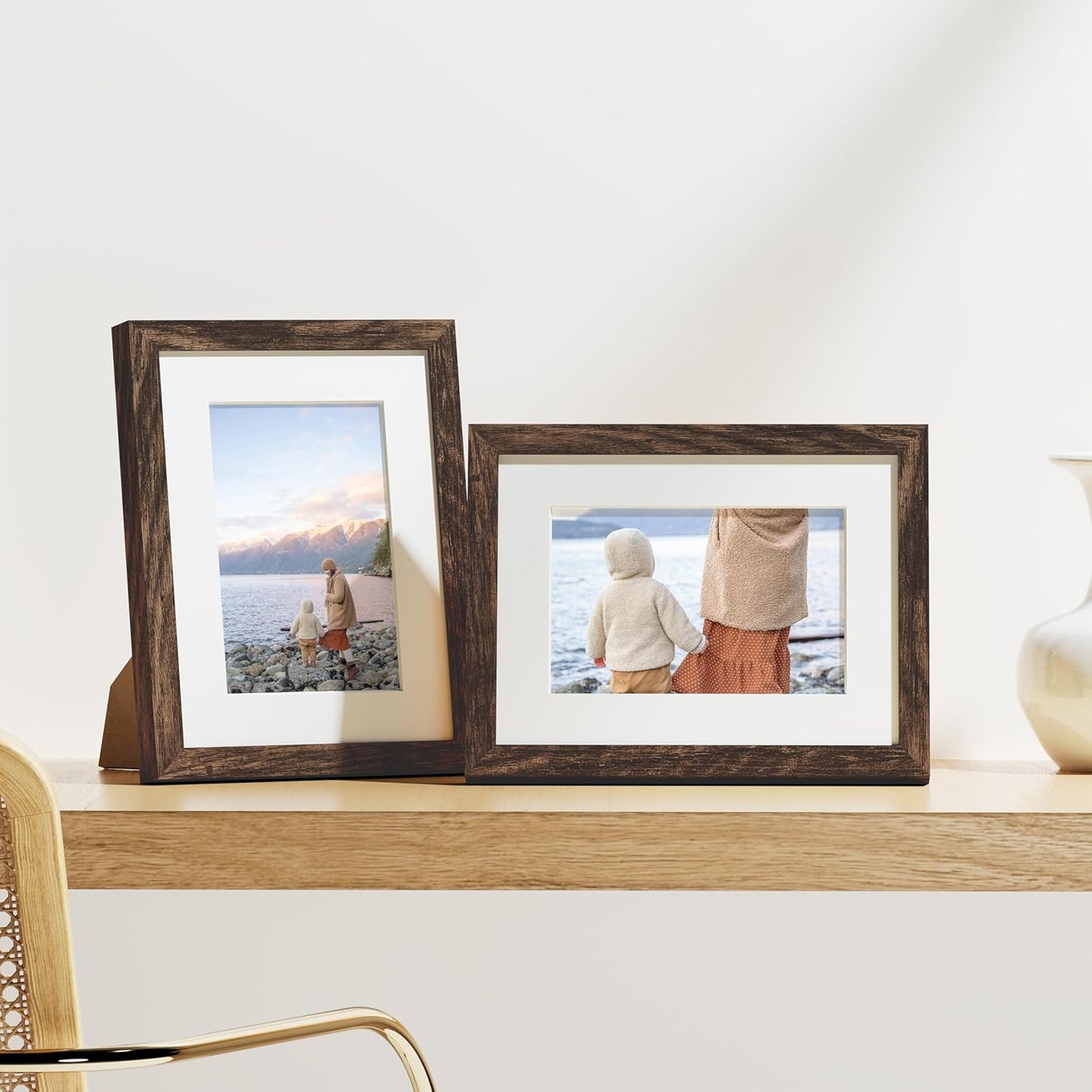 Vittanly 6x8 Picture Frames Set of 9, Shatter Resistant Plexiglass, Display 4x6 Pictures with Mat or 6x8 without Mat, Photo Frames for Wall or Tabletop, Engineered Wood, Brown