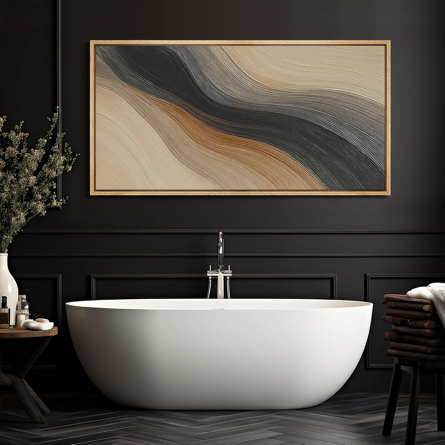 MUDECOR Extra Larg Framed Canvas Print Wall Art Abstract Wave Pattern Neutral Black and Brown Modern Geometric Illustrations Decorative Colorful for Bedroom - 60"x30"