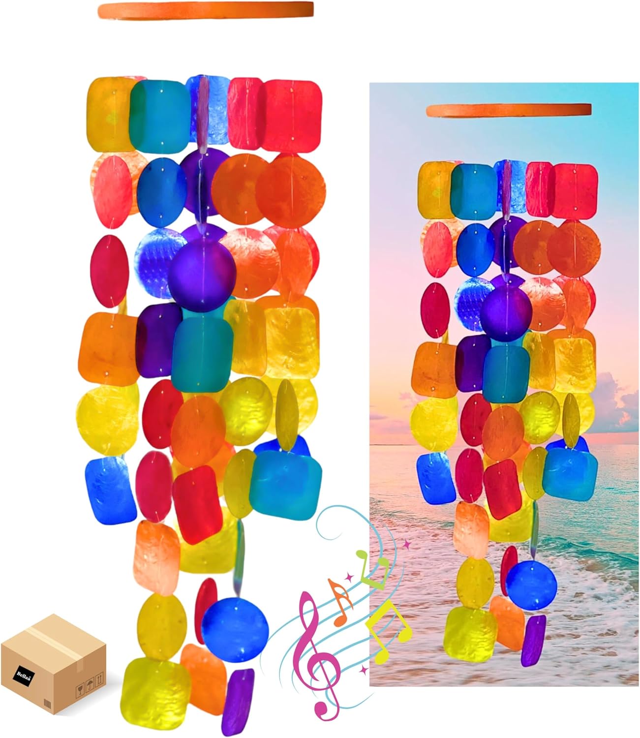 Bellaa 22890 Wind Chimes Outdoor, Garden Decorations, Musical, Indoor/Outside Windchimes, Beach, Ocean Breeze, Gifts for Mom, Gift for All Occasions, Capiz Sea Glass Shells Wood 27 inch Rainbow