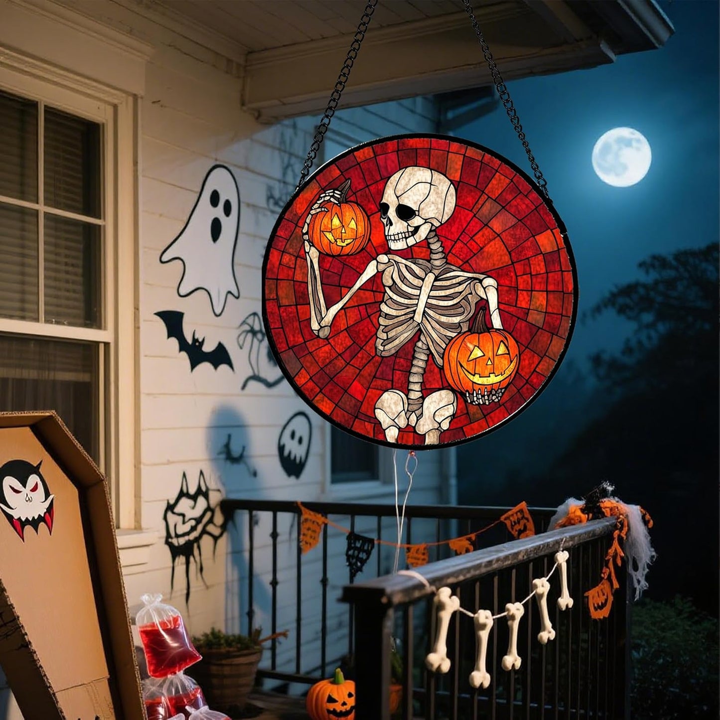 Stained Glass Window Hanging - Halloween Decorations Skeleton Pumpkin Suncatcher for Doors Garden Indoor Spooky Funny Sun Catchers Gothic Decor Horror Gifts for Women Men Friend 6.3 in