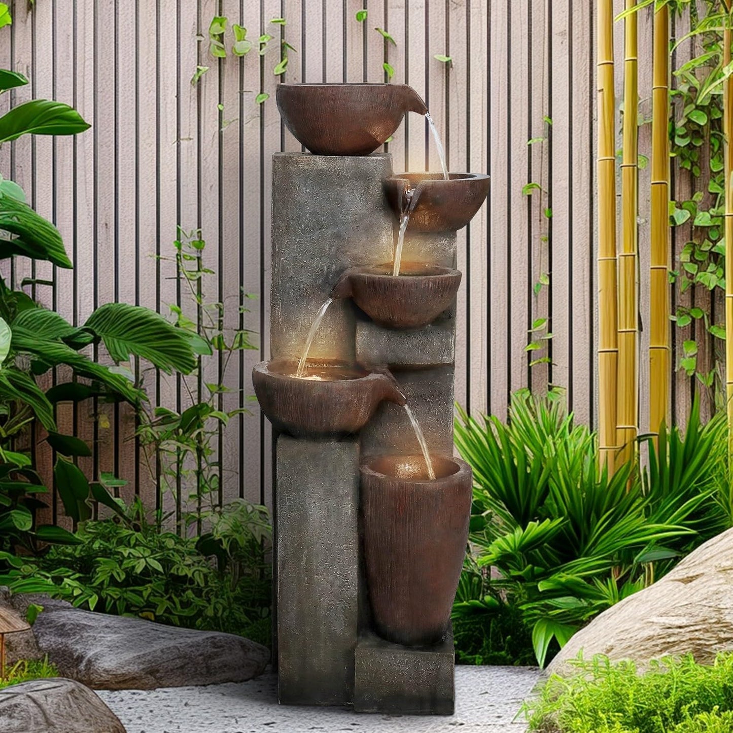 SunJet 5-Tier Cascading Indoor/Outdoor Water Fountain with LED Lights - 39.7" High Large Waterfall Floor Standing Fountain for Garden, Patio, Yard, and Deck Decor - Relaxing Outdoor Water Feature