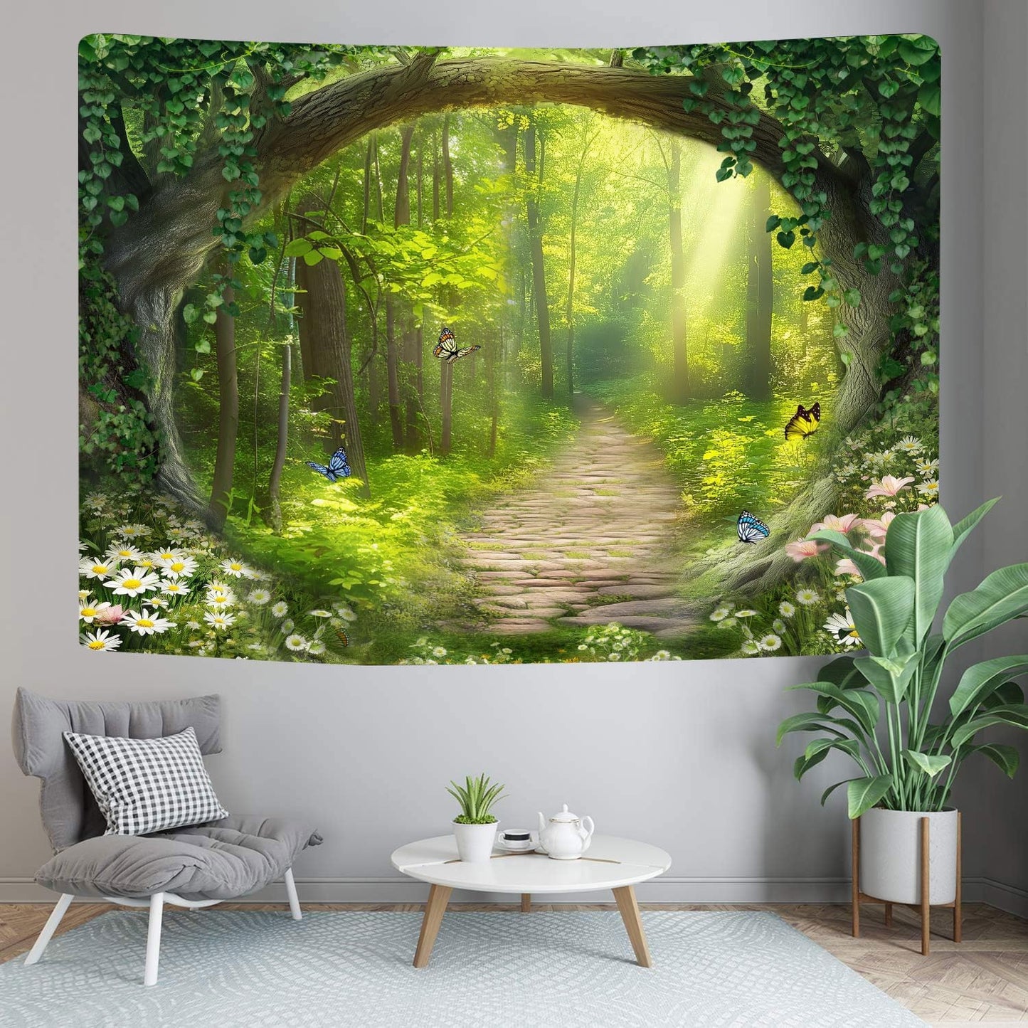 Nature Enchanted Forest Tapestry, Fantasy Green Jungle Woodland Lanscape Tapestries Wall Hanging, Psychedelic Fairy Tree Cave Forest Tapestry for Bedroom Backdrop Office, 60X40