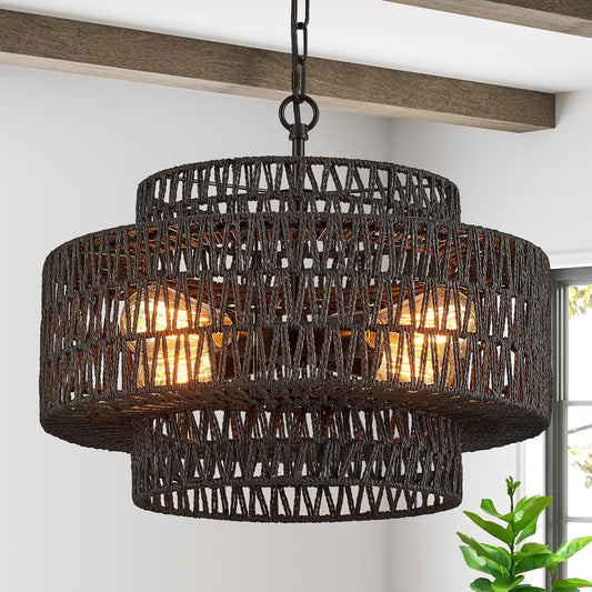 Hand-Woven Rattan Chandelier Vintage 4-Lights Farmhouse 17.7" Boho Bamboo Chandeliers Light Fixture Retro 3-Tier Drum Wicker Rattan Black Chandelier for Dining Room, Kitchen, Bedroom,Foyer