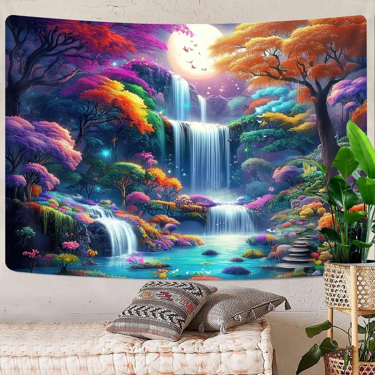 GOAOK Fantasy Enchanted Forest Tapestry, Fairytale Wonderland Colorful Tree Waterfall Art Moon Magical Aesthetic Landscape Tapestry Wall Hanging for Bedroom College Dorm Room?60"X40"Inch