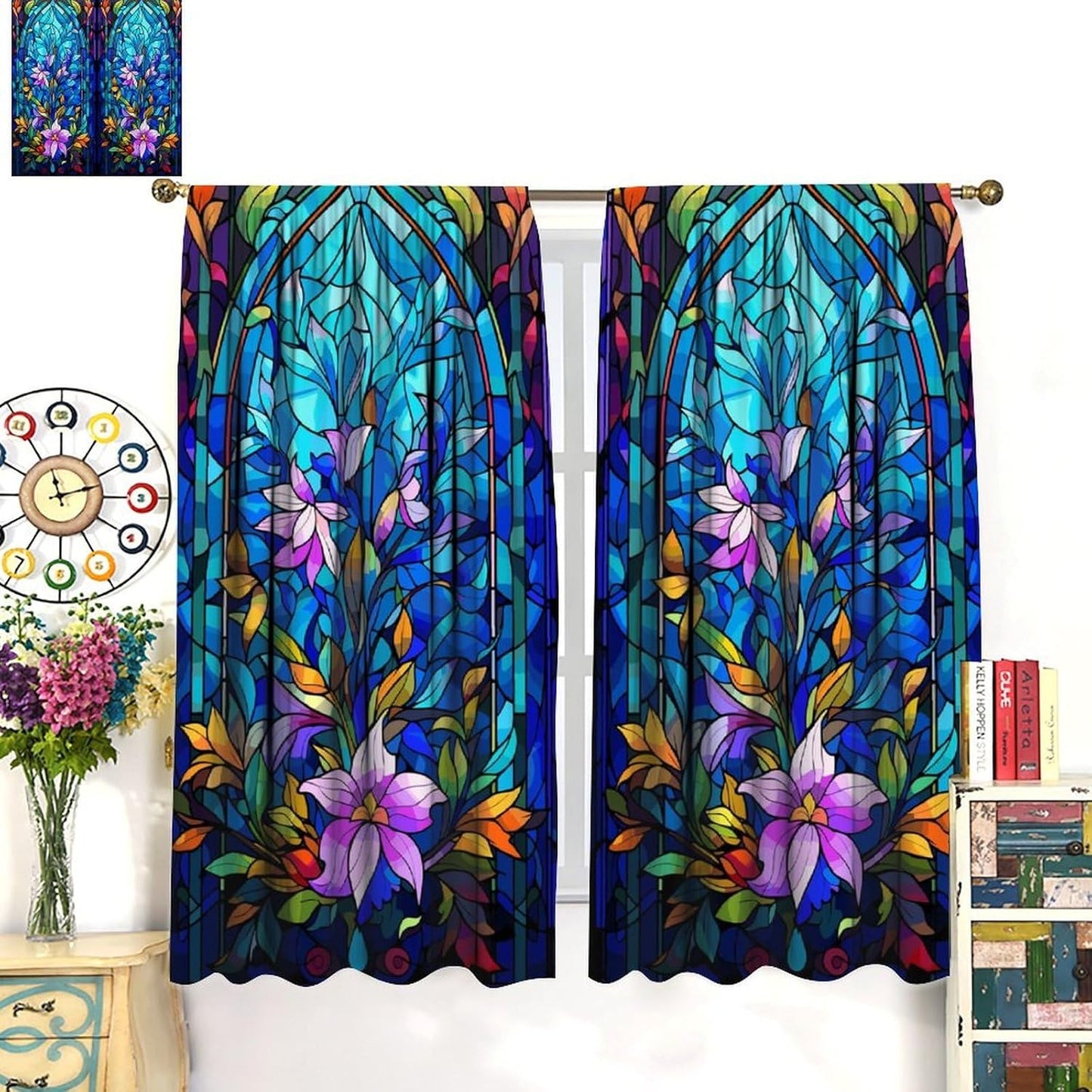 Stained Glass Curtains,Abstract Colorful Floral Geometric Art Home Decor Drapes for Bedroom Living Room Kitchen Window Treatment 2 Panels Set Total Size 63" W X 63" L Inch