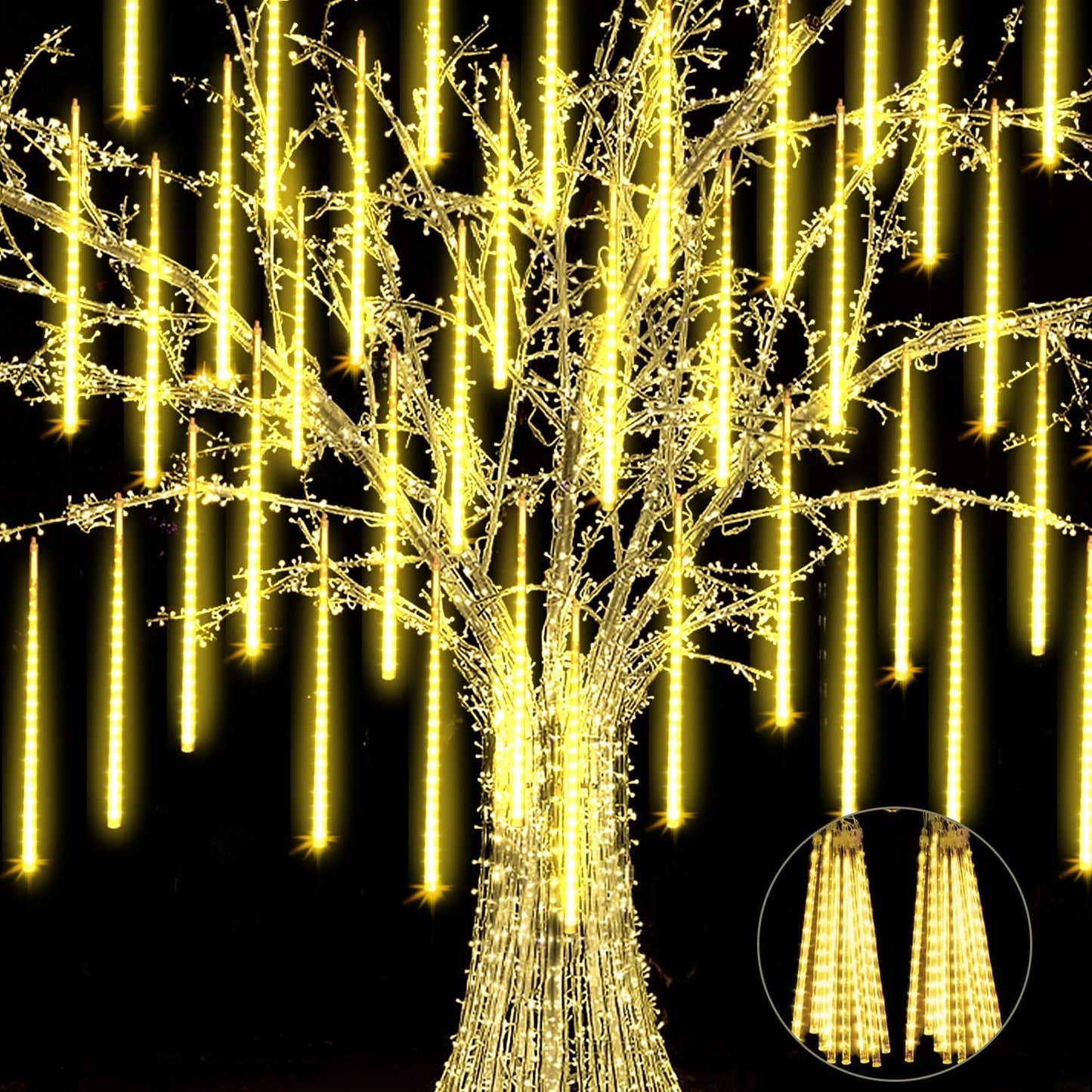 【4 Pack】 Christmas Meteor Shower Rain Lights 12inch, Totally 40 Tube 960 LEDs Icicle Lights Outdoor Raindrop Light for Xmas Halloween Wedding Party Tree Holiday Decoration, Warm White