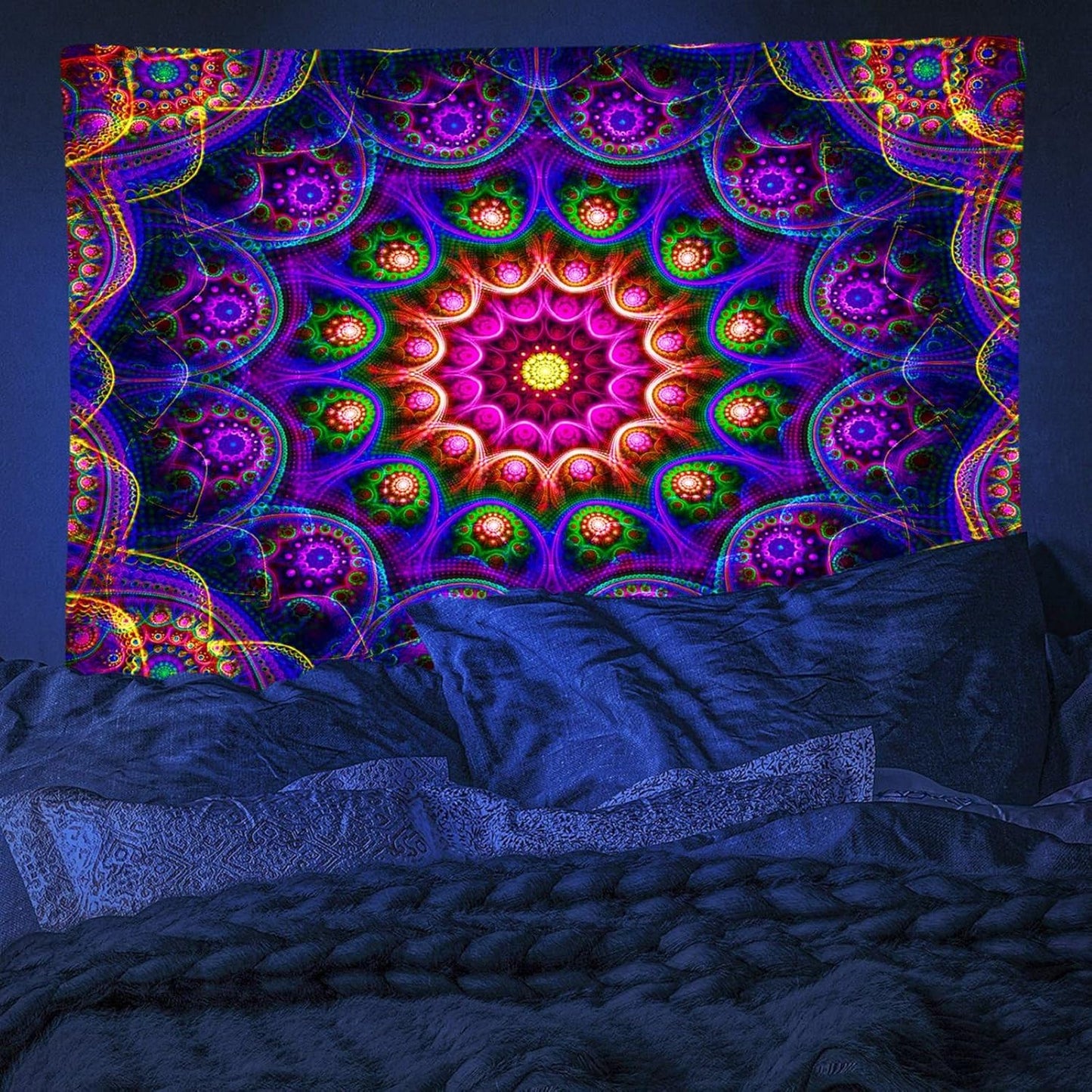Blacklight Trippy Mandala Tapestry, Boho Black Light Posters for Adults UV Reactive Room Decor for Bedroom Wall (60 x 50 Inches)