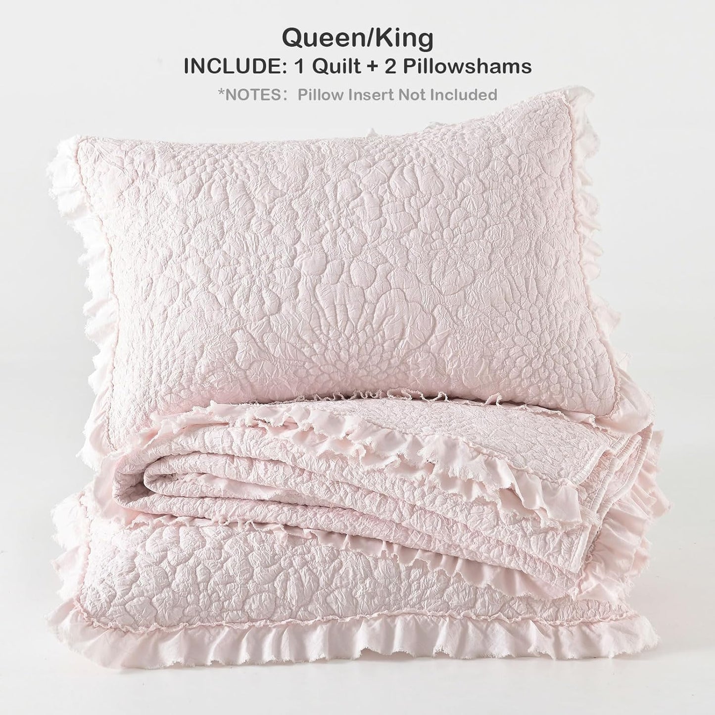 HORIMOTE HOME Pink Ruffled Quilt Queen Size, Stone-Washed Microfiber Lightweight Crinkled Farmhouse Rustic Shabby Chic Bedding Set, 3 Pieces Reversible Bedspread with Pillow Shams for All Season