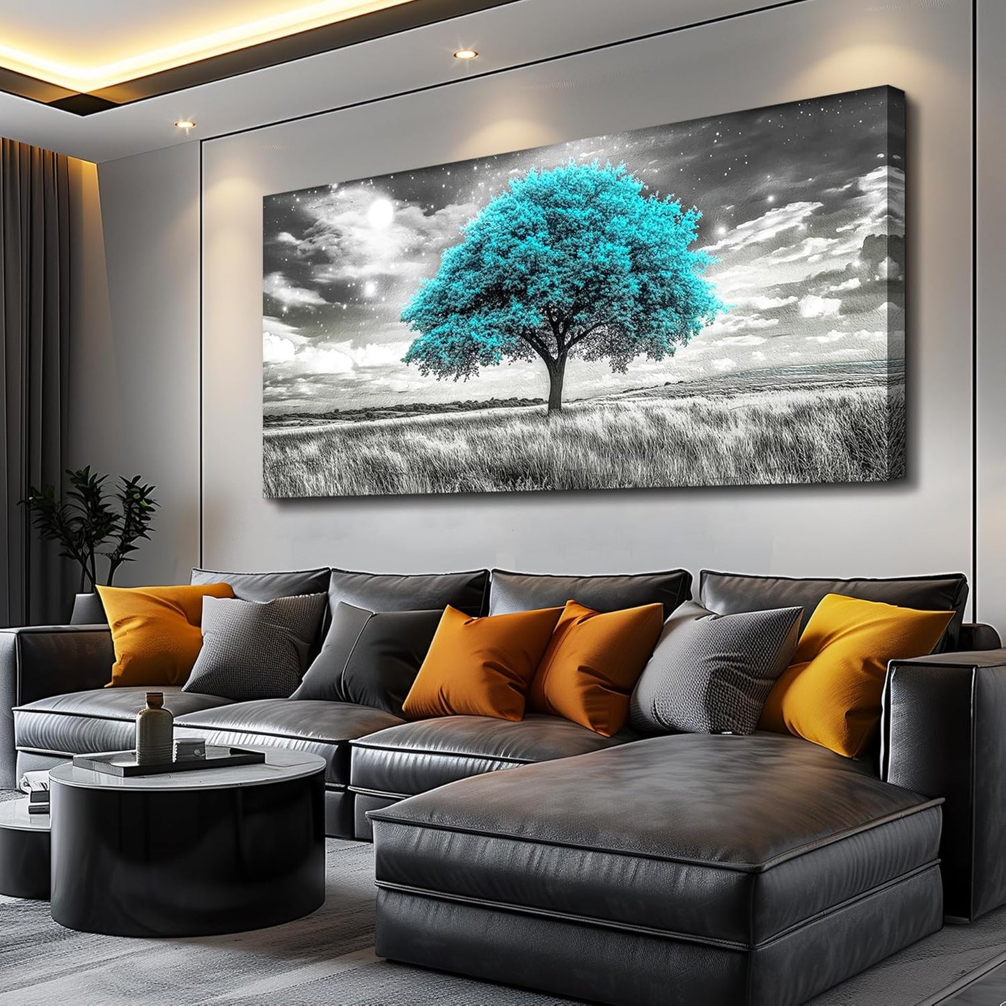 KELIYUAN Blue Tree Wall Artist Decorated Painting Full Of Stars Black And White Oil Painting Modern Print Canvas Aesthetics Living Room Decoration Bedroom Bathroom Office Wall Decoration 24 X 48 In