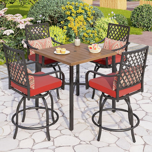 PHI VILLA 5 pcs Outdoor Bar Set, Outdoor Swivel Bar Stool with Red Seat Cushion and Lumbar Support,Extra Large Metal Bar Table with Umbrella Hole for Poolside Garden