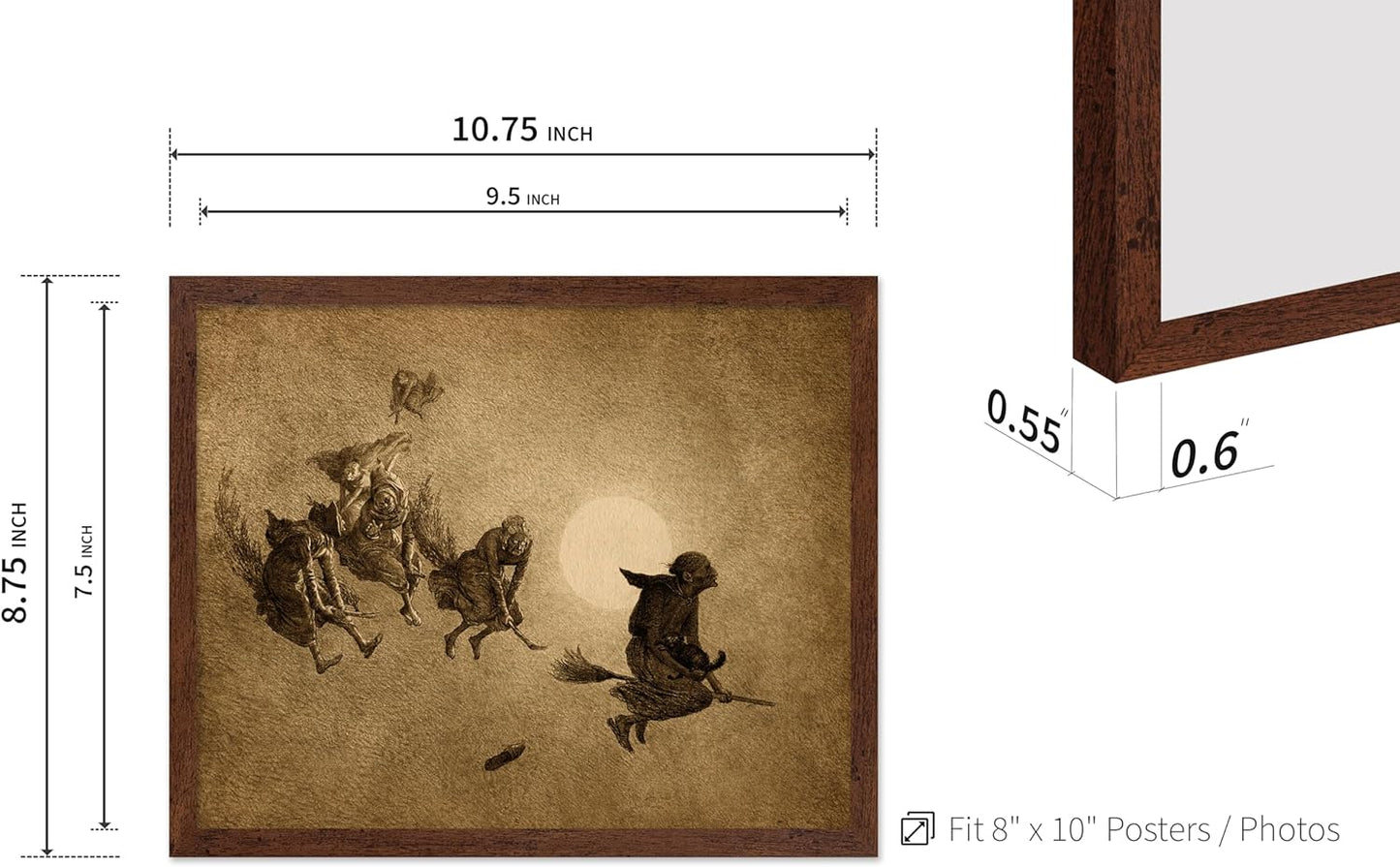 Poster Master Vintage William Holbrook Beard Poster - Retro Occult Print - Gift for Gothic, Horror Fan - The Witches Ride, Pagan, Goth, Magic - Wall Decor for Bedroom, Dorm, 8x10 Brown Framed