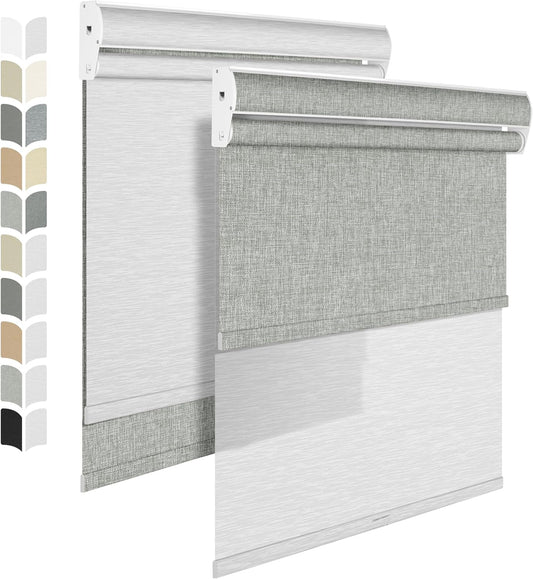 BERISSA Cordless Dual Roller Shades with Cassette Valance,Double Window Shades Blackout and Light Filtering Shades,Day and Night Roller Shades for Home Office Door.Linen Grey and White.28 W x 44" H