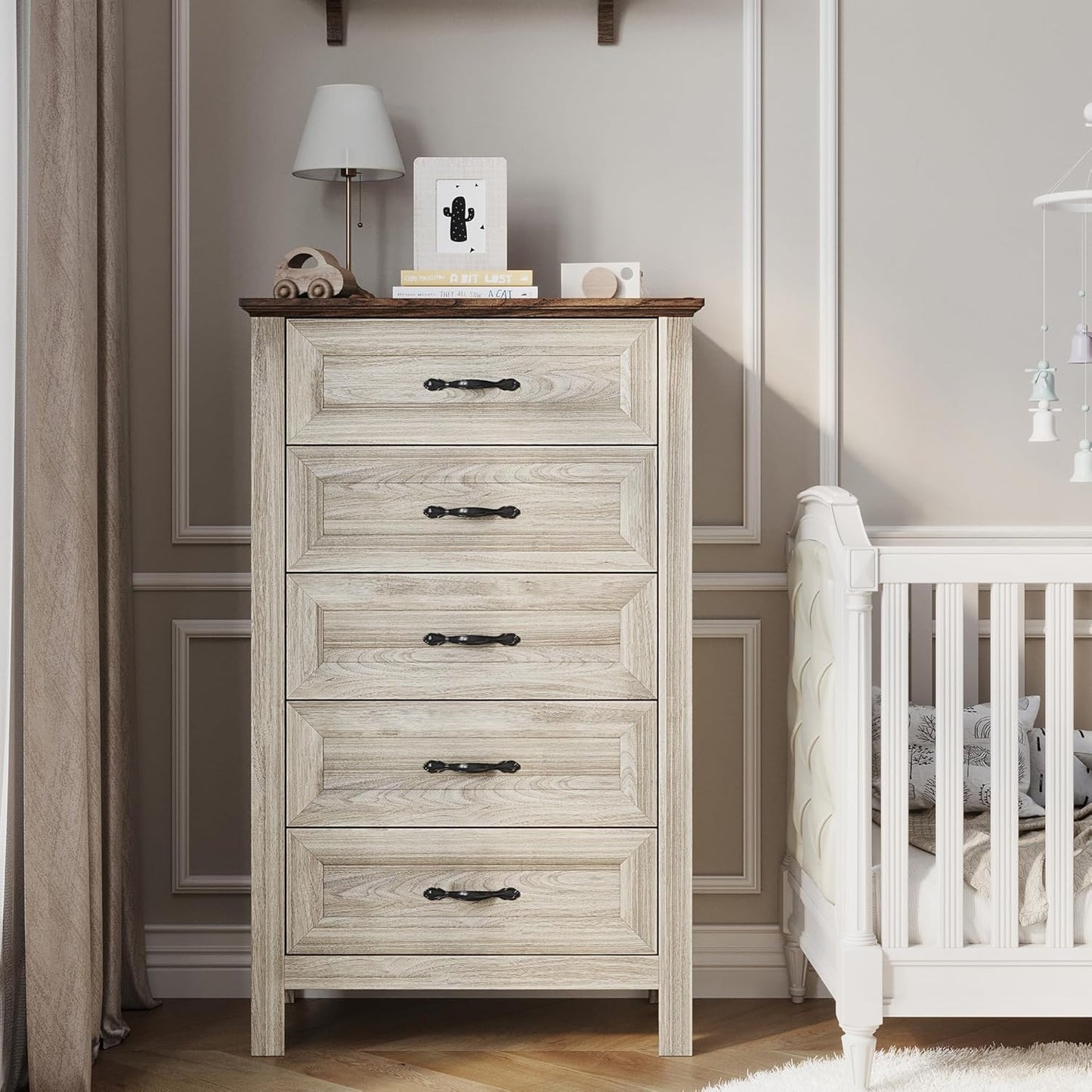 LINSY HOME 5 Drawers Dresser for Bedroom, Wood Tall Bedroom Chest of Drawers with Metal Handle, Farmhouse Dressers Organizer for Living Room, Closet, Hallway, White Oak